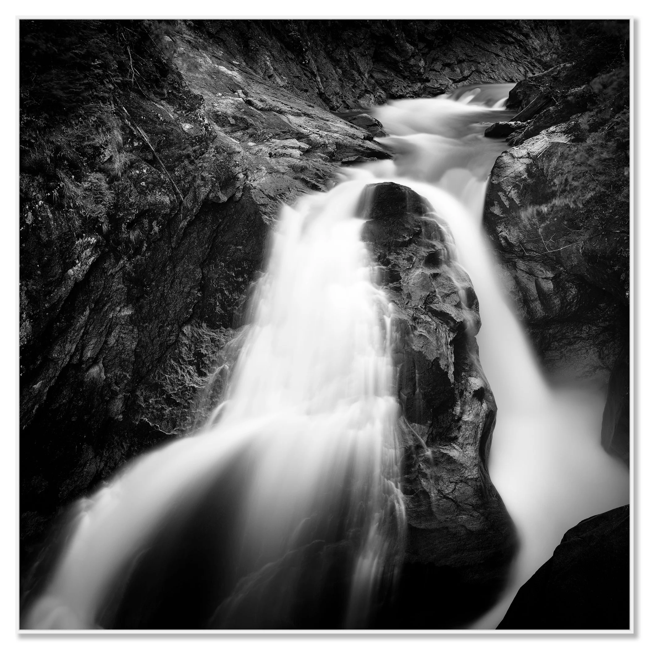 Black-and-white landscape photograph of the Krimmler Ache below Krimml Waterfall, Austria – framed ArtBox white