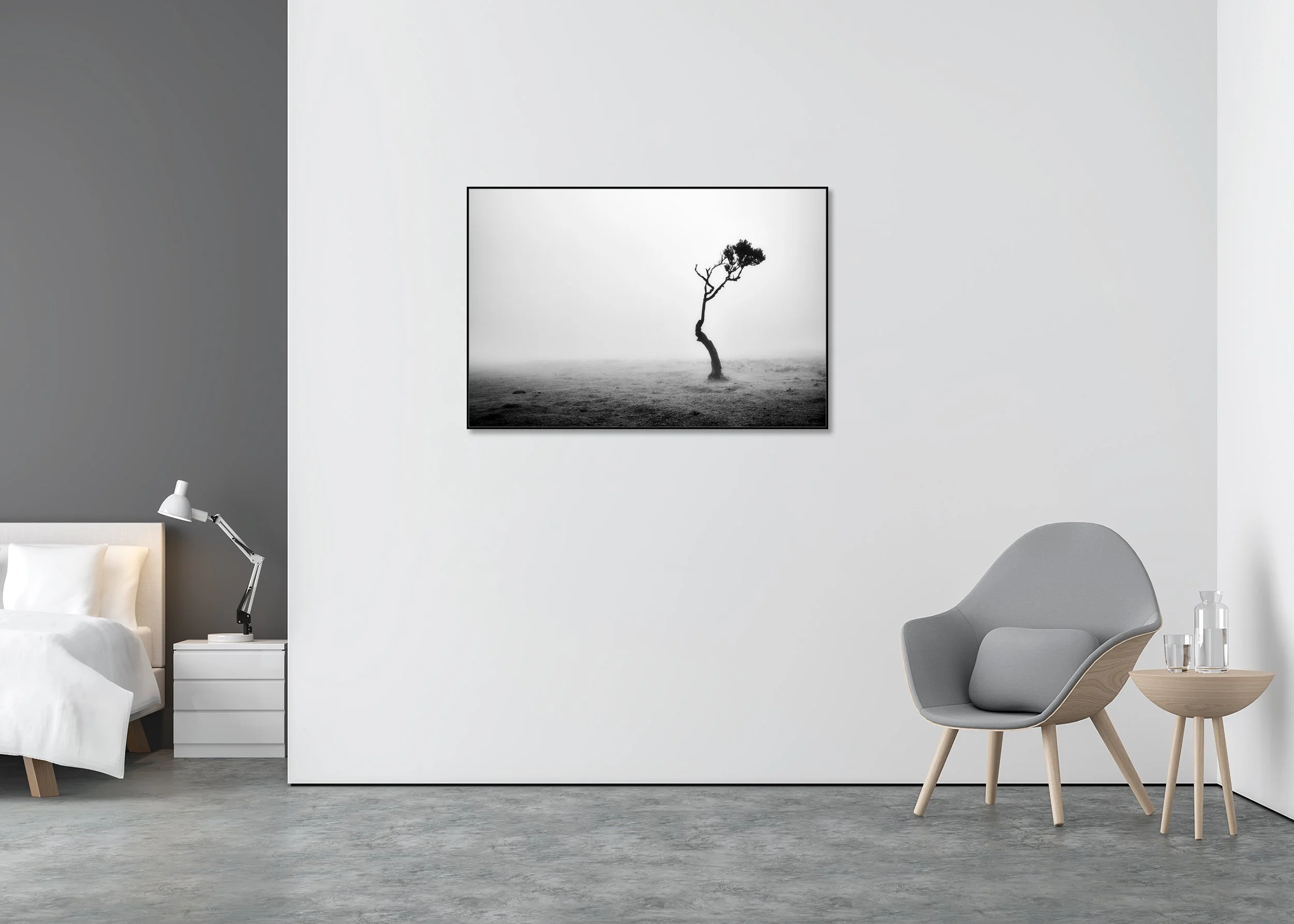 Lonely Tree in the Fog displayed in a modern interior as a black-and-white Dibond print in a black aluminium ArtBox frame by Gerald Berghammer.