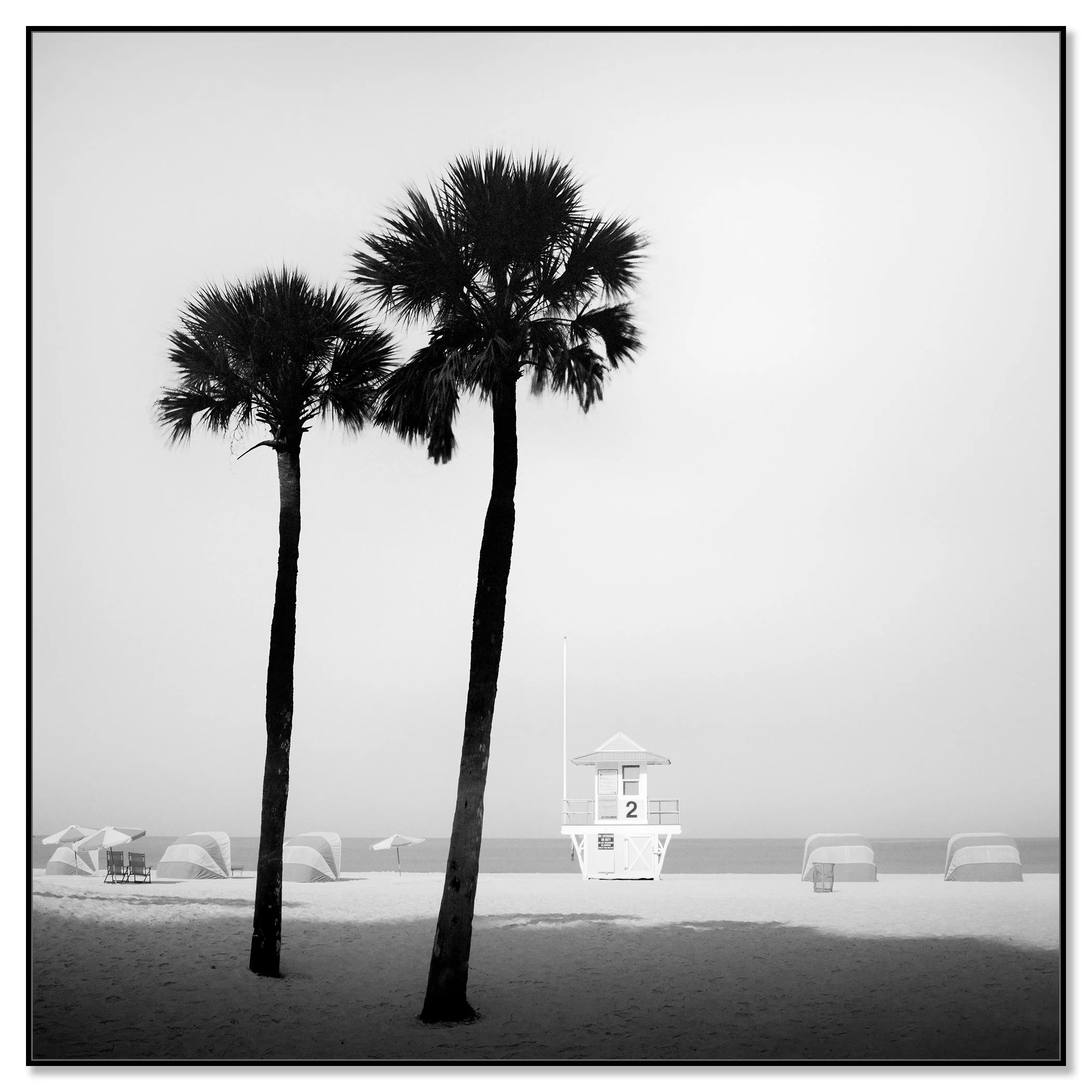 Lifeguard Tower Study 2 shown as a black-and-white Dibond print in a black aluminium ArtBox by Gerald Berghammer.