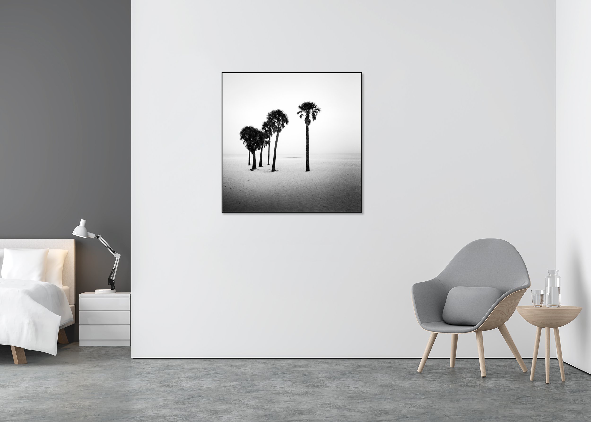 Palm Beach Study 7 displayed in a modern interior as a black-and-white Dibond print in a black aluminium ArtBox frame by Gerald Berghammer.