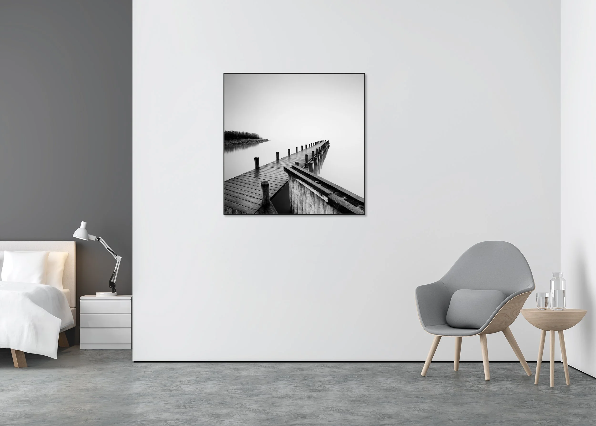 Wooden pier over a calm misty lake with shoreline reeds, black-and-white photo print mounted to Dibond in an aluminium ArtBox