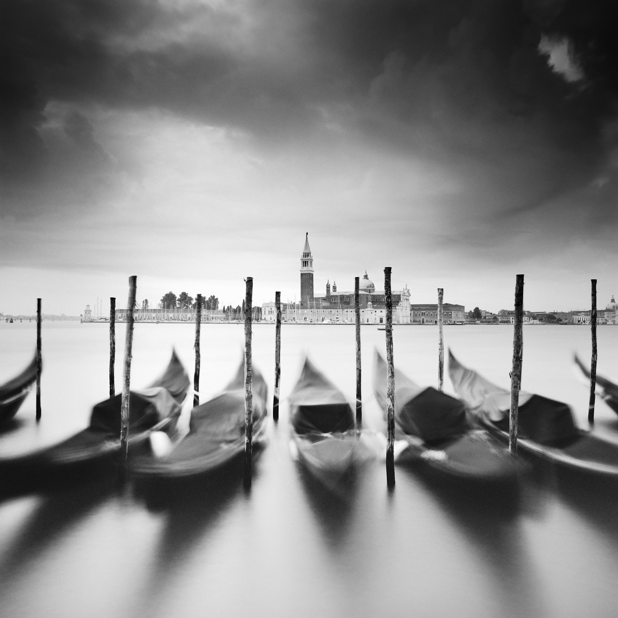 Basilica di San Giorgio Maggiore Study 1 by Gerald Berghammer, black-and-white fine art photograph of gondolas on the Venice Lagoon, Italy.