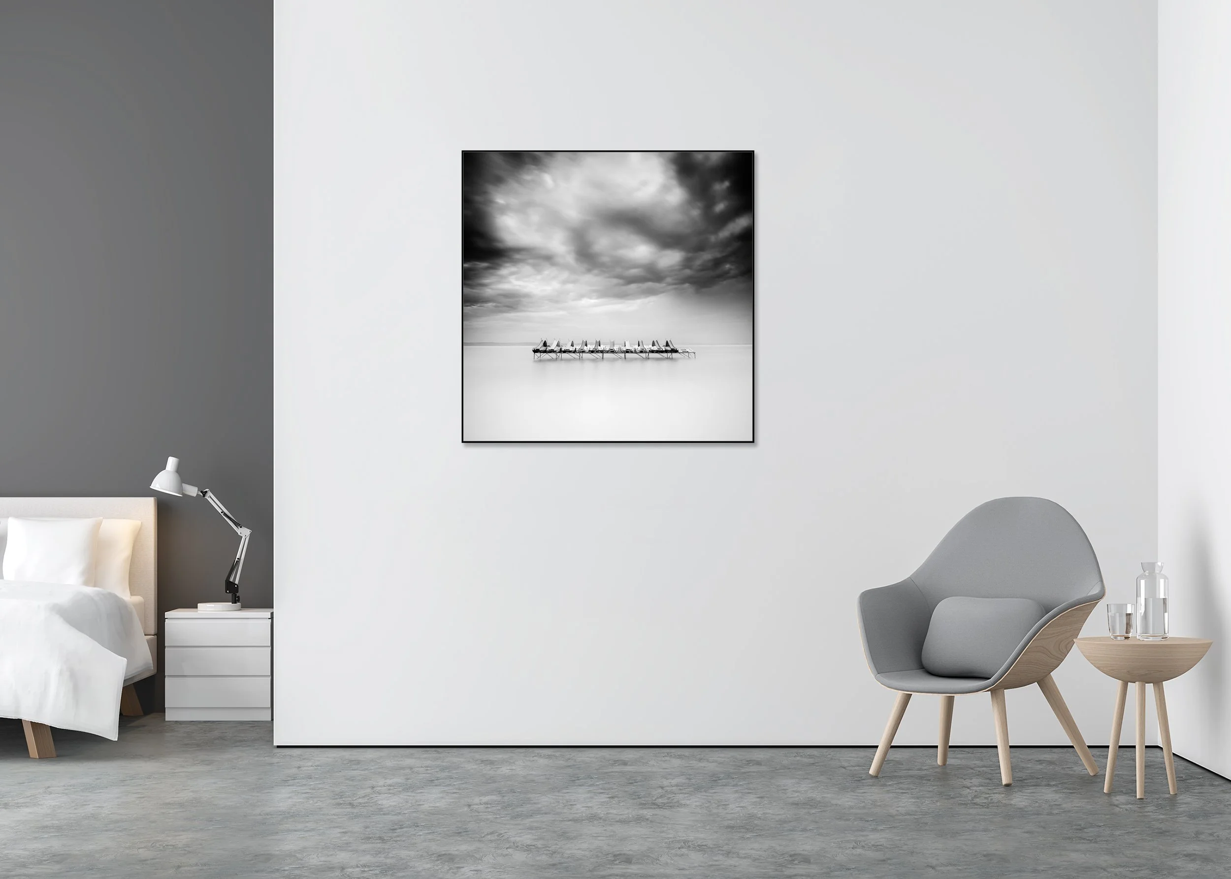 Pedal Boat Study 1, Balaton, black-and-white fine art photo print mounted to Dibond in an aluminium ArtBox
