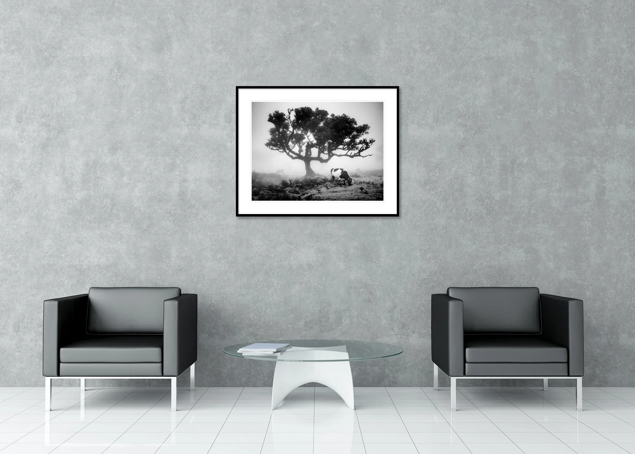 Black-and-white photo of a foggy pasture with a spreading tree silhouette and a cow grazing; archival pigment print in a classic frame with mount.