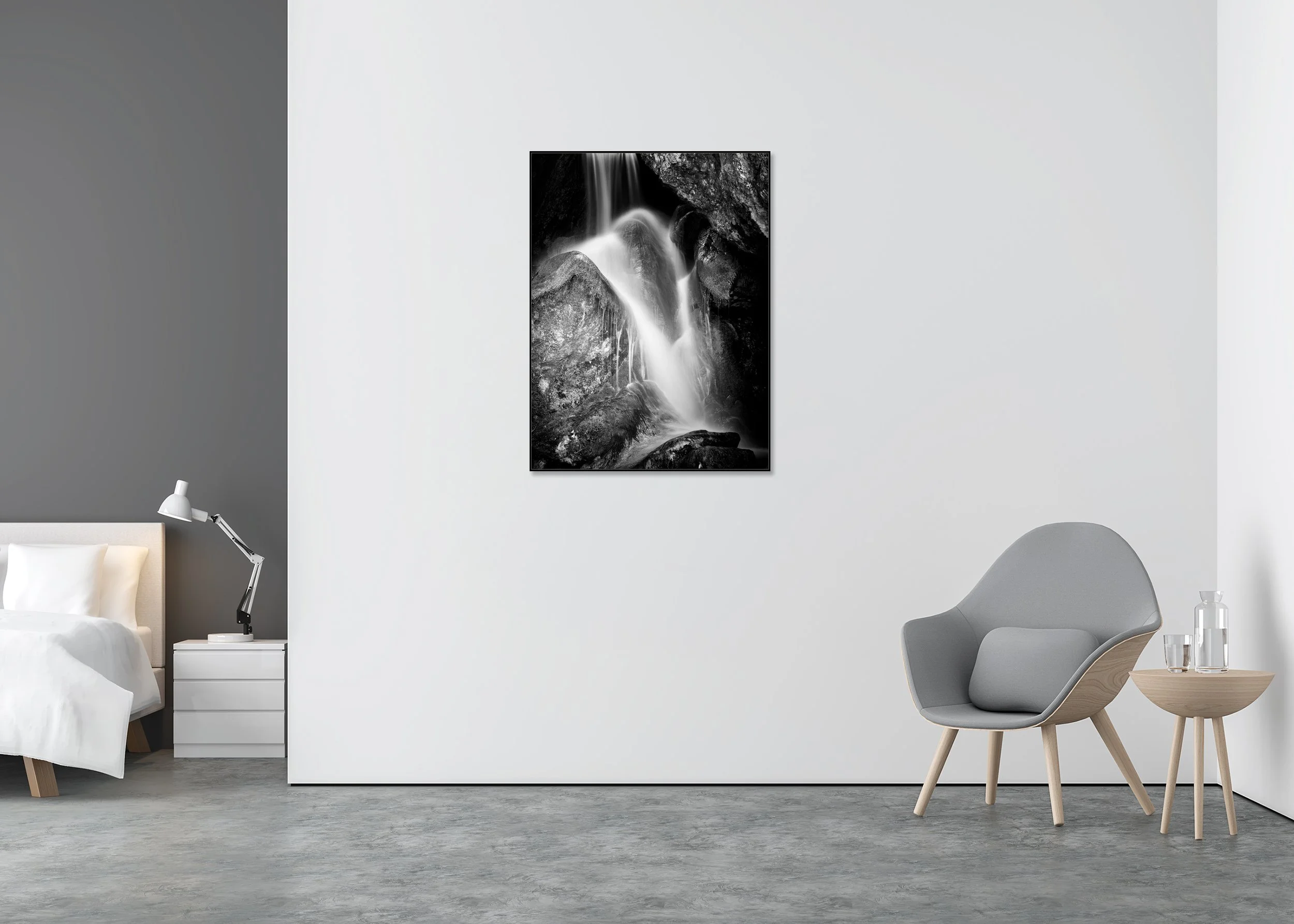 Waterfall Detail Study 1 – Austria, black-and-white aluminium ArtBox displayed in a minimalist bedroom.