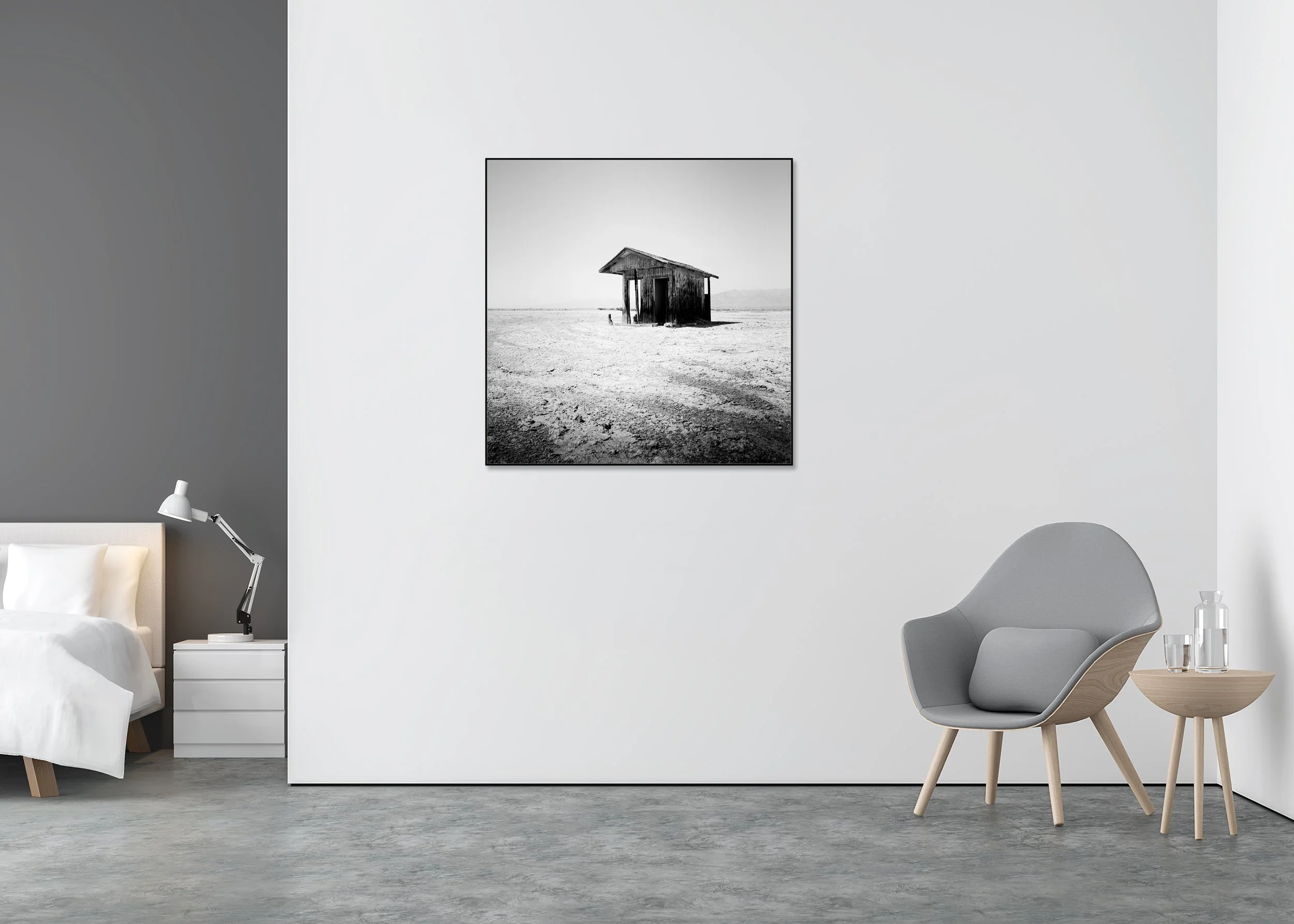 Bath House Study 1 displayed in a modern interior as a black-and-white Dibond print in a black aluminium ArtBox frame by Gerald Berghammer.