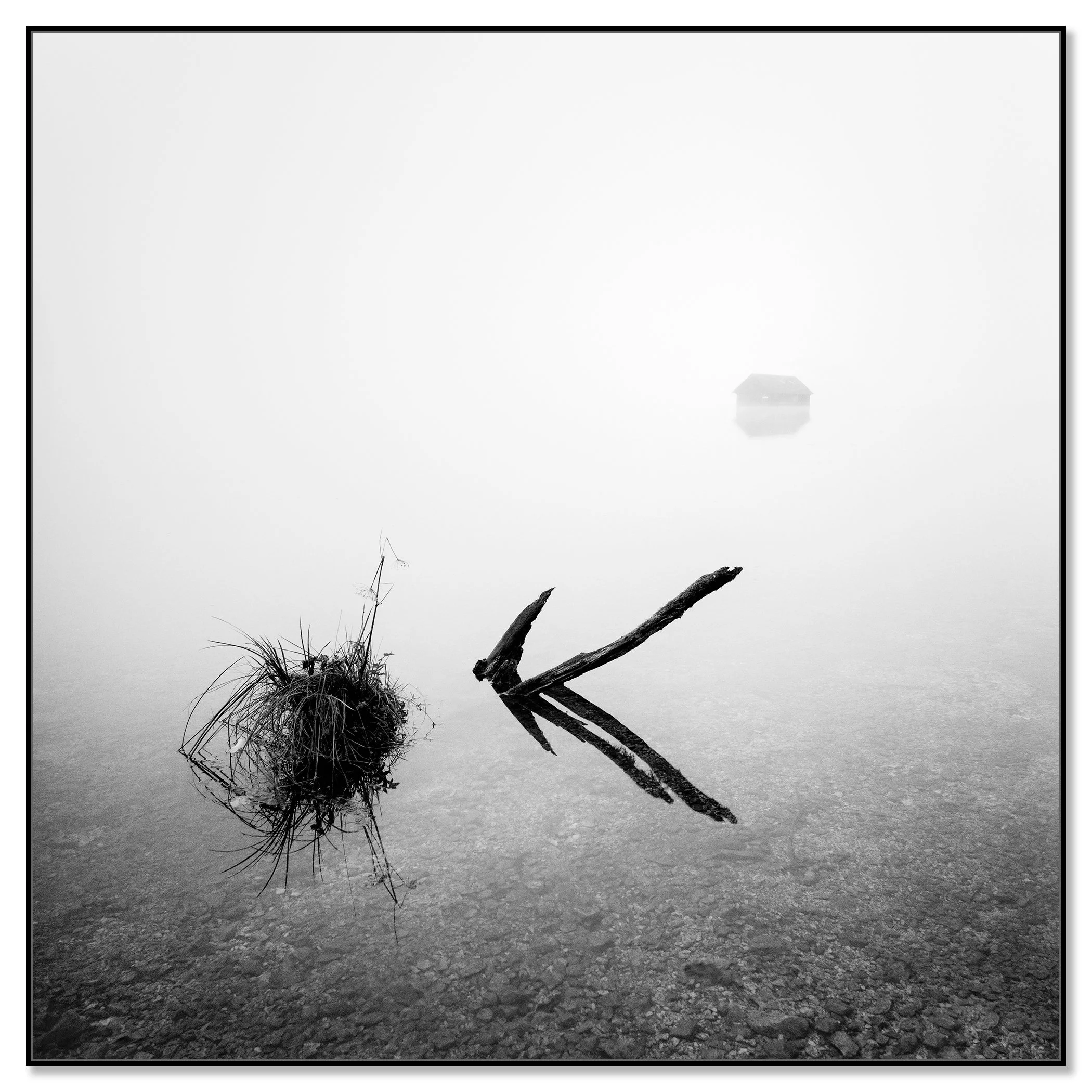 The Lake House at Lake Almsee, Austria, black-and-white photograph in a black aluminium ArtBox by Gerald Berghammer.