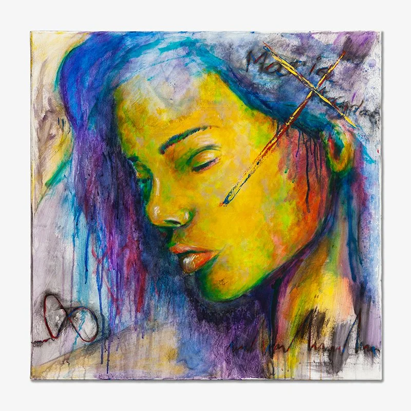 Colourful abstract portrait painting of a woman with closed eyes by Austrian artist Christian Dressler.