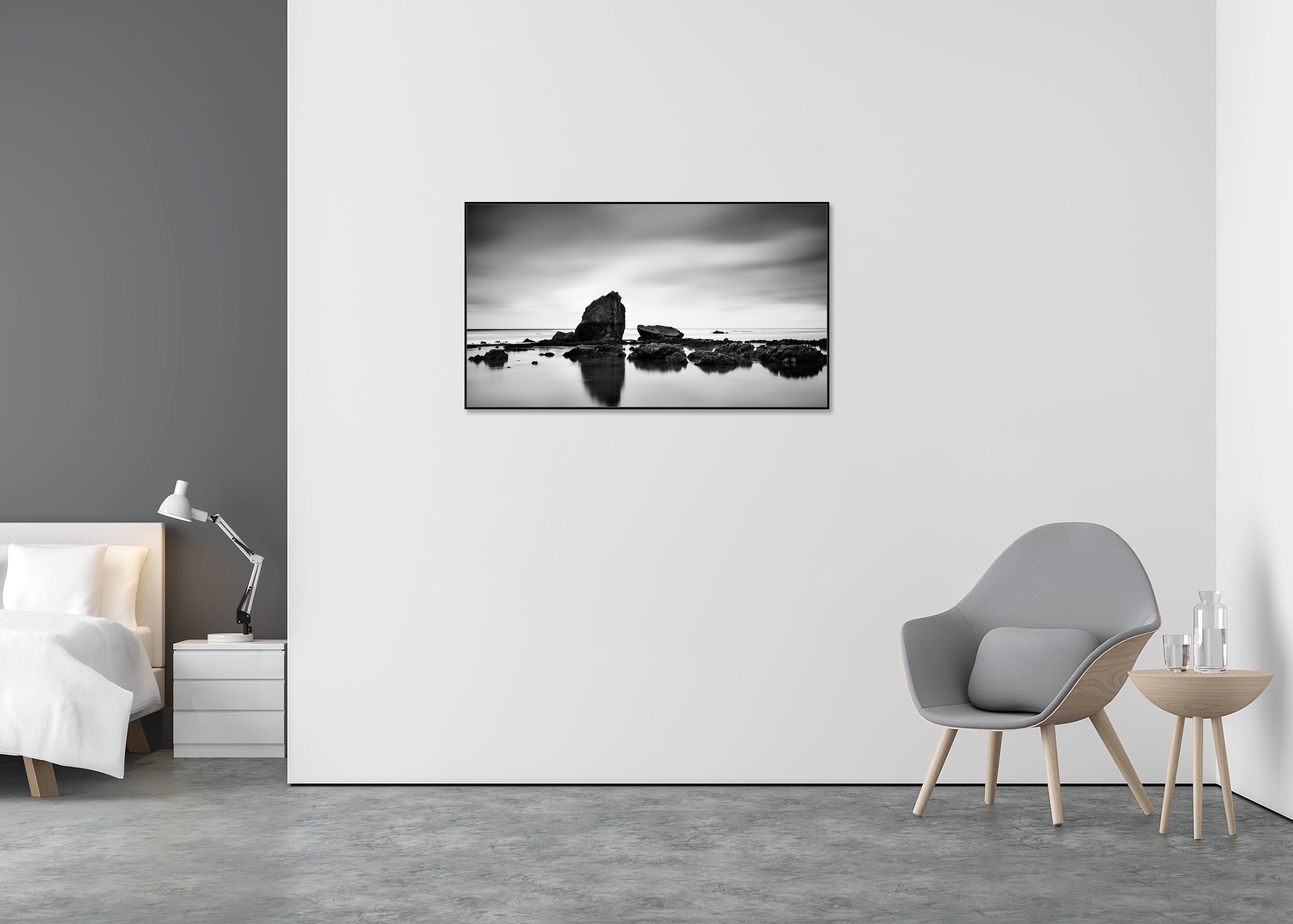 Beach Rock Panorama Study 2 – France by Gerald Berghammer, black-and-white fine art photograph displayed in a contemporary interior in a black aluminium ArtBox frame