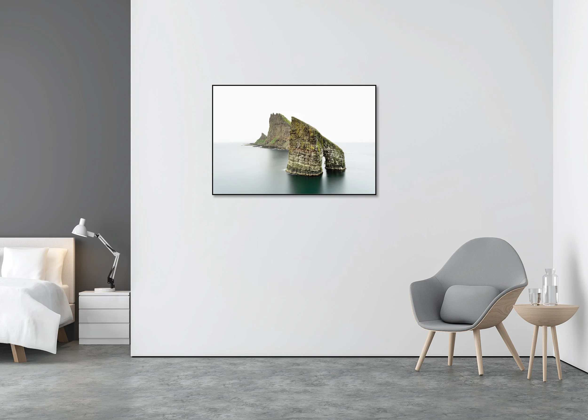 Drangarnir Sea Arch Panorama – Faroe Islands, colour fine art photo print mounted to Dibond in an aluminium ArtBox