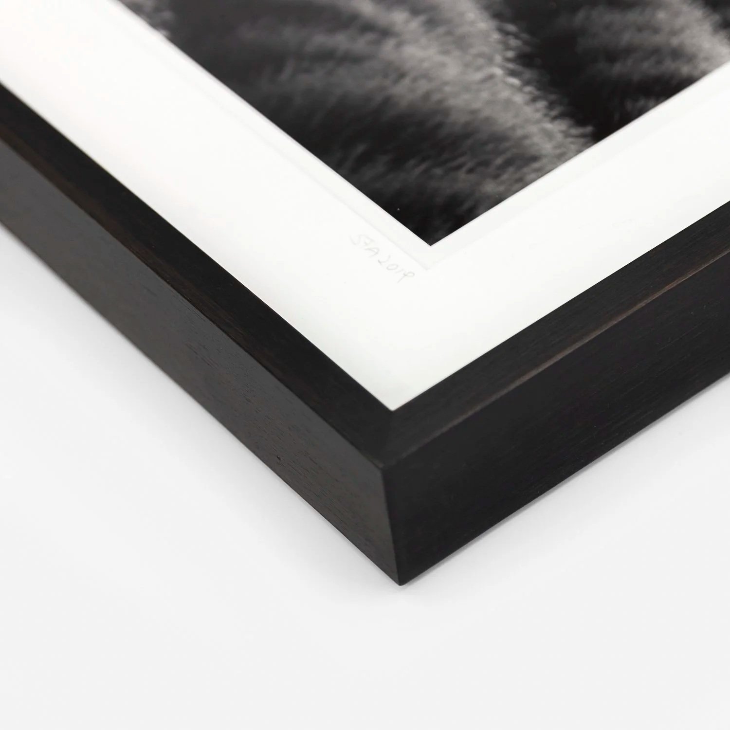 Close-up of the handmade dark-brown wooden frame and natural-white archival mount of Lonely Tree in Lavender by Gerald Berghammer.