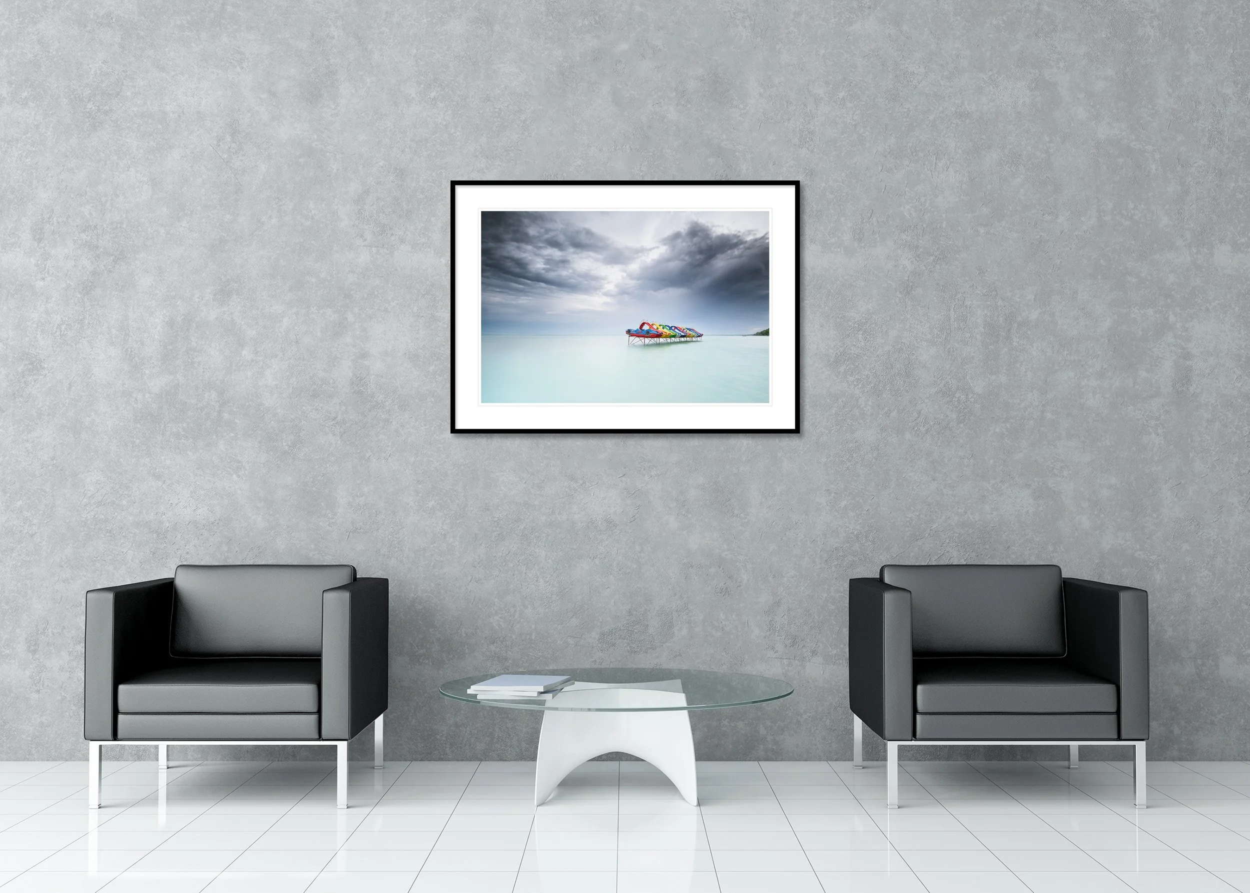 Pedal Boat Colour Study 1 displayed in a modern interior as an archival pigment print in a black aluminium frame with a white mount. Photo by Gerald Berghammer.