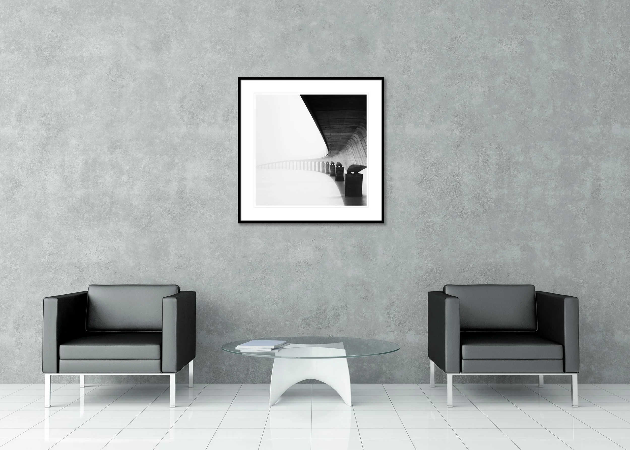 Île de Ré Bridge Study 1 displayed in a modern interior as an archival pigment print in a black aluminium frame with a white mount by Gerald Berghammer.