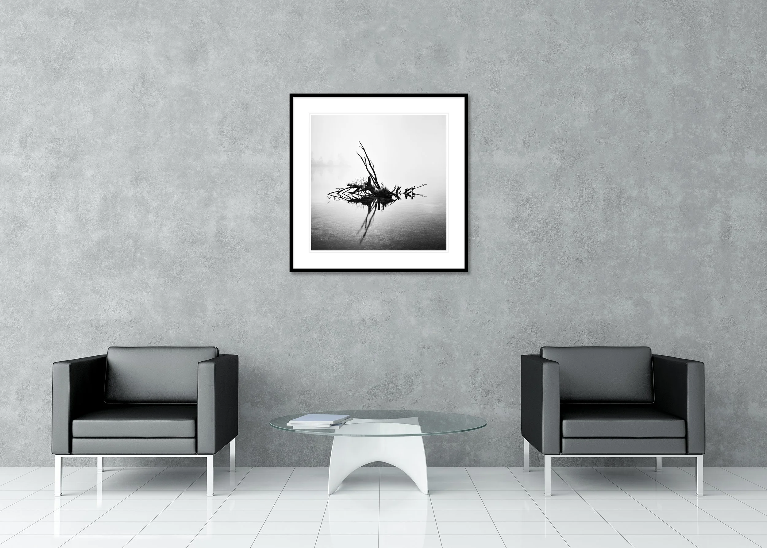 Fallen Tree Study 1 displayed in a modern interior as an archival pigment print in a black aluminium frame with a white mount by Gerald Berghammer.