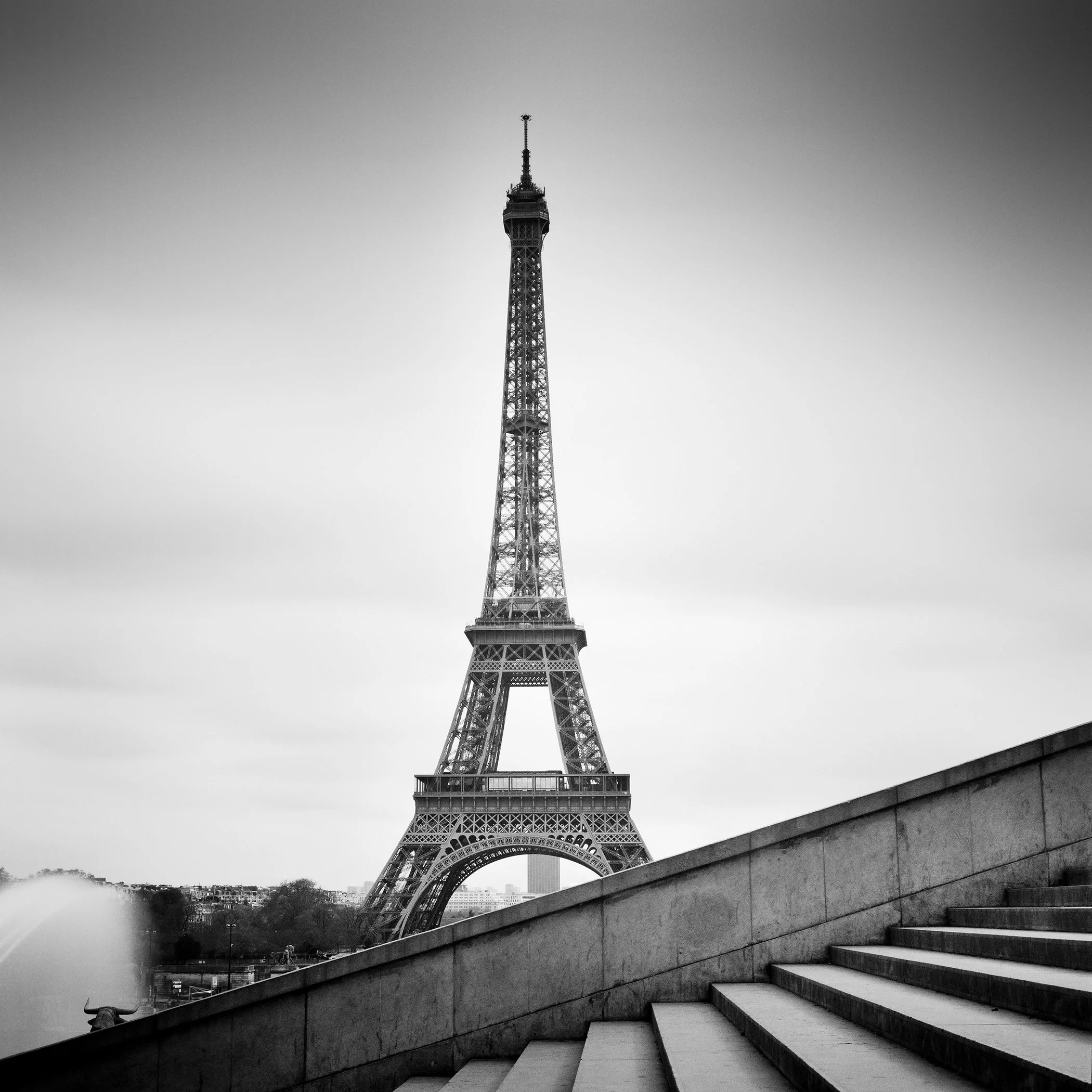 Eiffel Tower Study 13, analogue black-and-white photograph of the Eiffel Tower and Trocadéro steps in Paris by Gerald Berghammer.