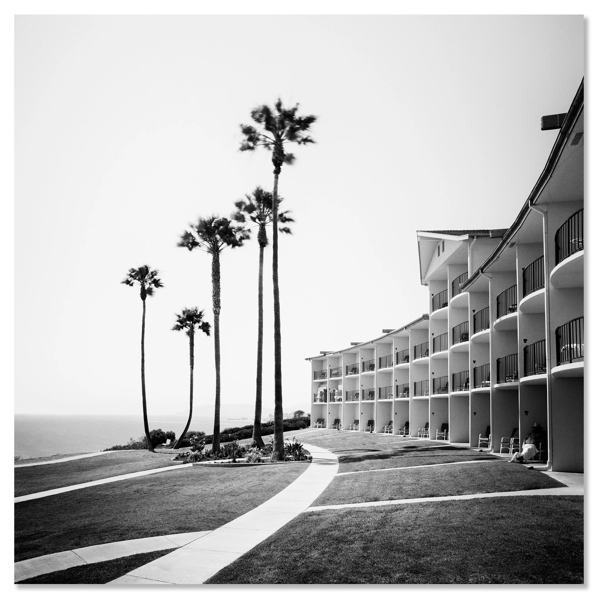 Gerald Berghammer - Black and white landscape photography. Seaside hotel with multiple balconies, a curved walkway, and tall palm trees near the ocean. Chromaluxe frameless