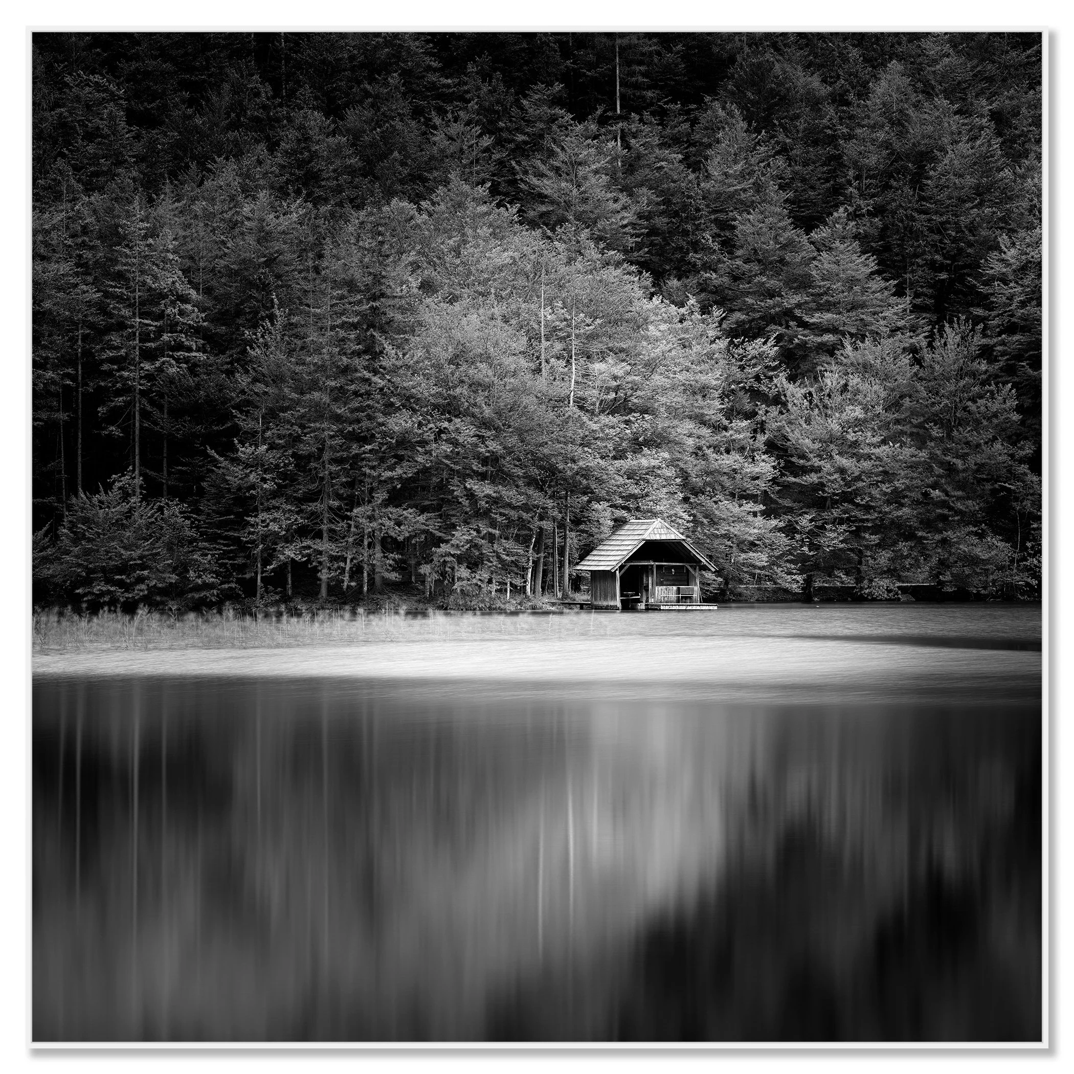 Wooden Boathouse, Study 2 mounted on aluminium Dibond in a white ArtBox frame by Gerald Berghammer.