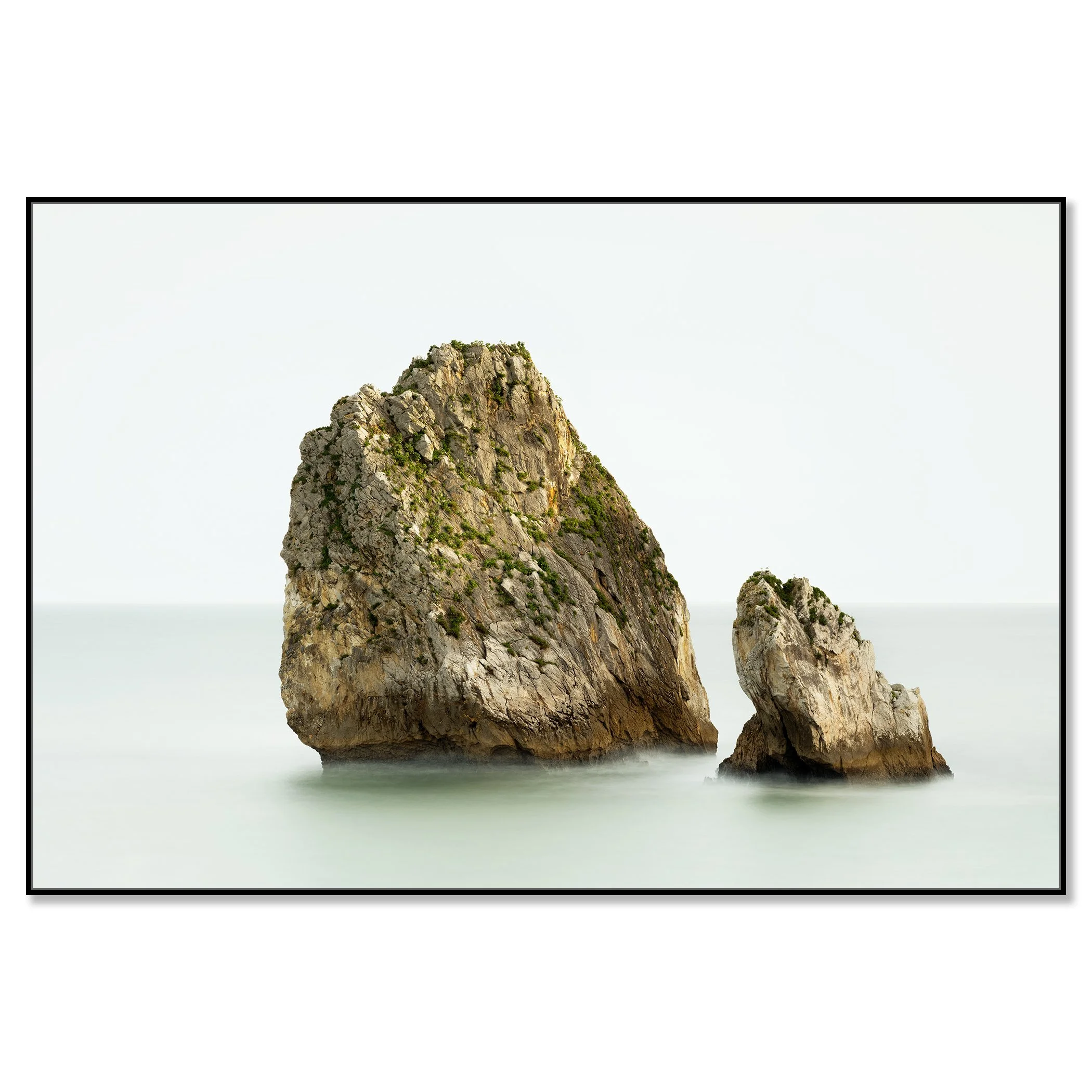 Two Rocks in the Sea Study 1 by Gerald Berghammer displayed on aluminium Dibond in a black aluminium ArtBox frame.