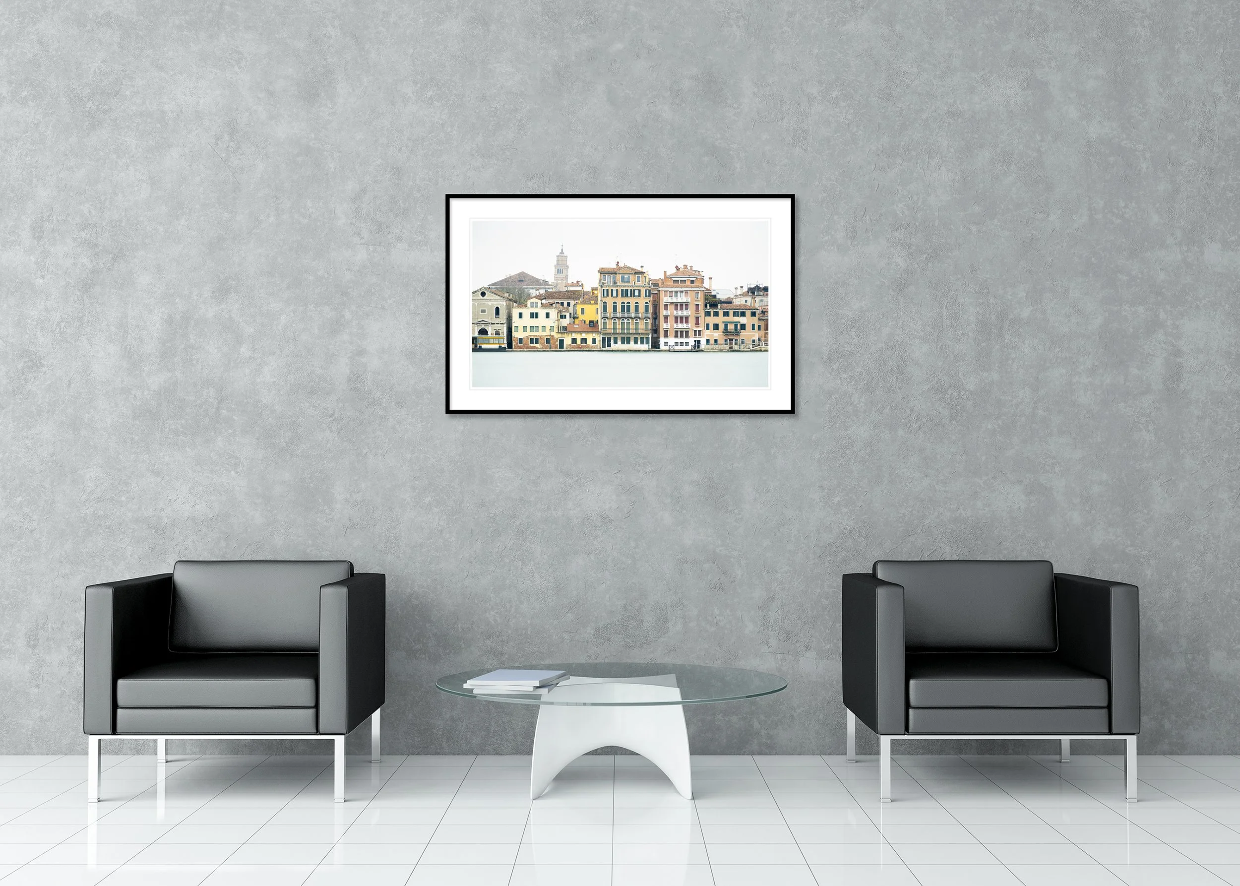 View of Venice, Panorama Study 6 – colour photograph in a black aluminium ArtBox displayed in a minimalist bedroom. Photo by Gerald Berghammer.