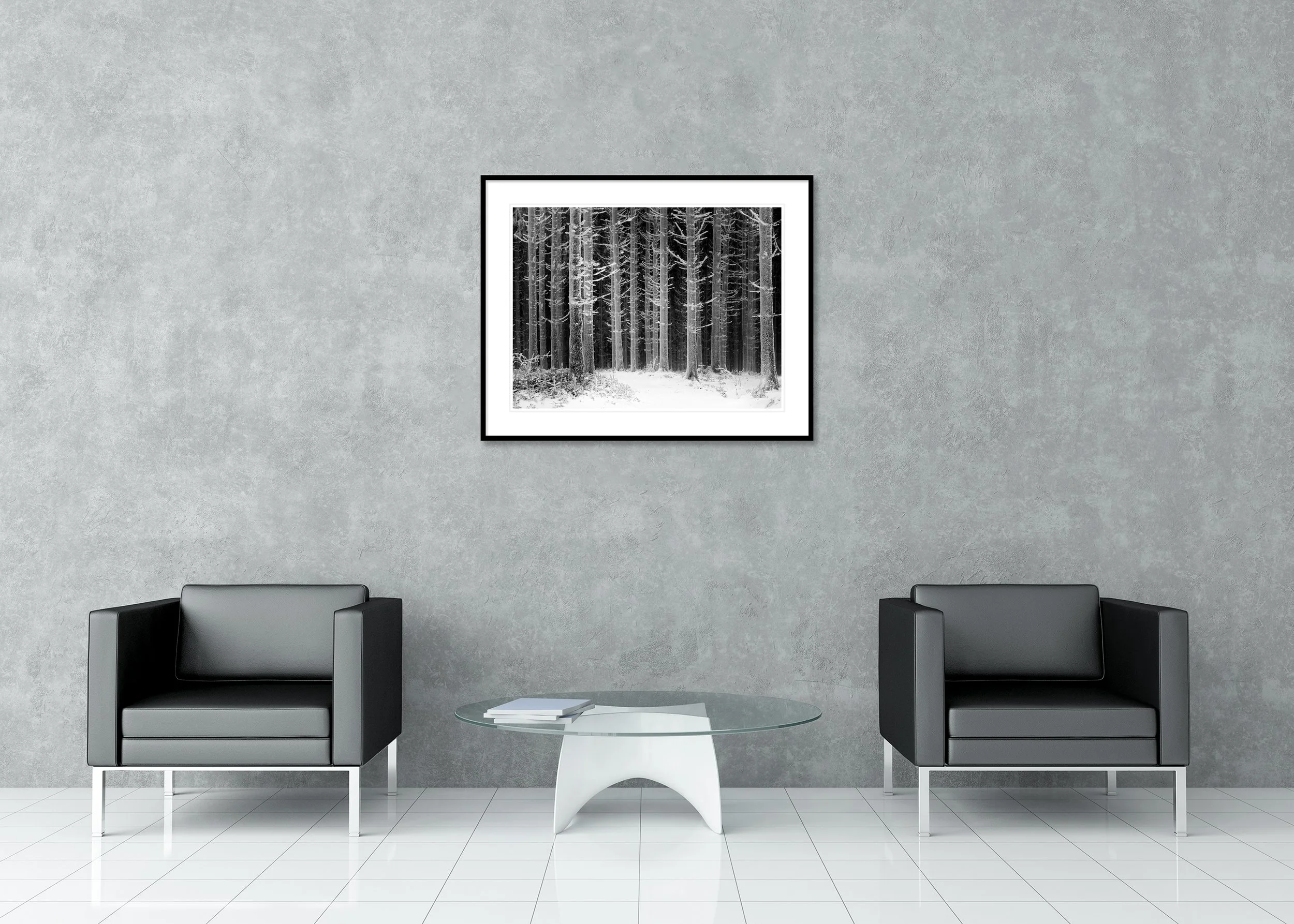 Path Through the Frosted Forest – Austria, archival pigment print in an aluminium frame with white mount and anti-reflective glass.