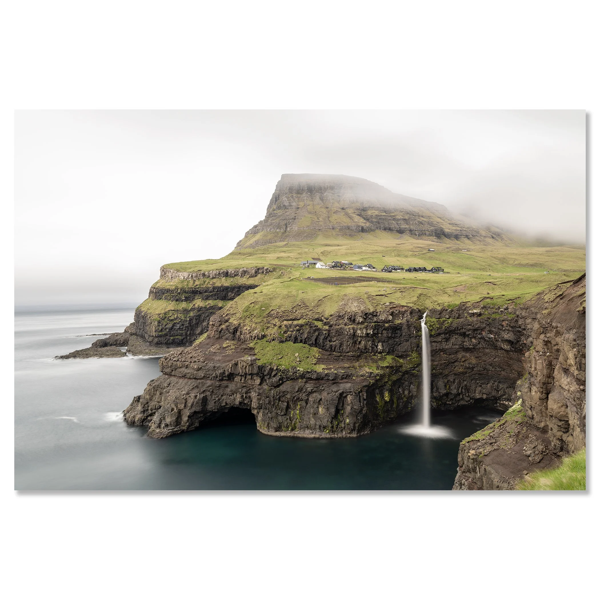 Múlafossur Waterfall Study 1 presented as a frameless colour artwork mounted on aluminium Dibond by Gerald Berghammer.