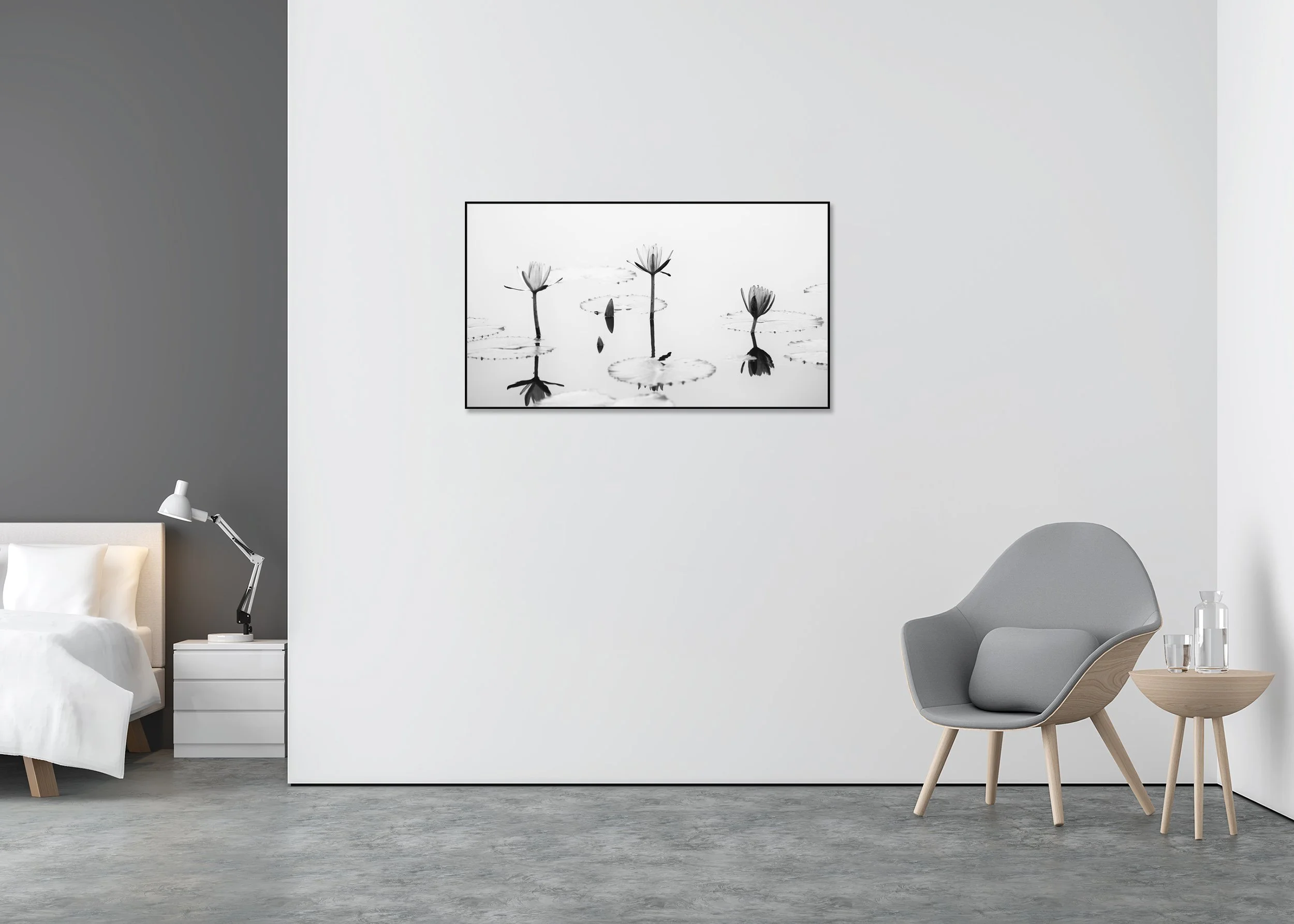 Lotus Flower, Panorama Study 2 – Vietnam, black-and-white Dibond print in an aluminium ArtBox displayed in a contemporary interior.