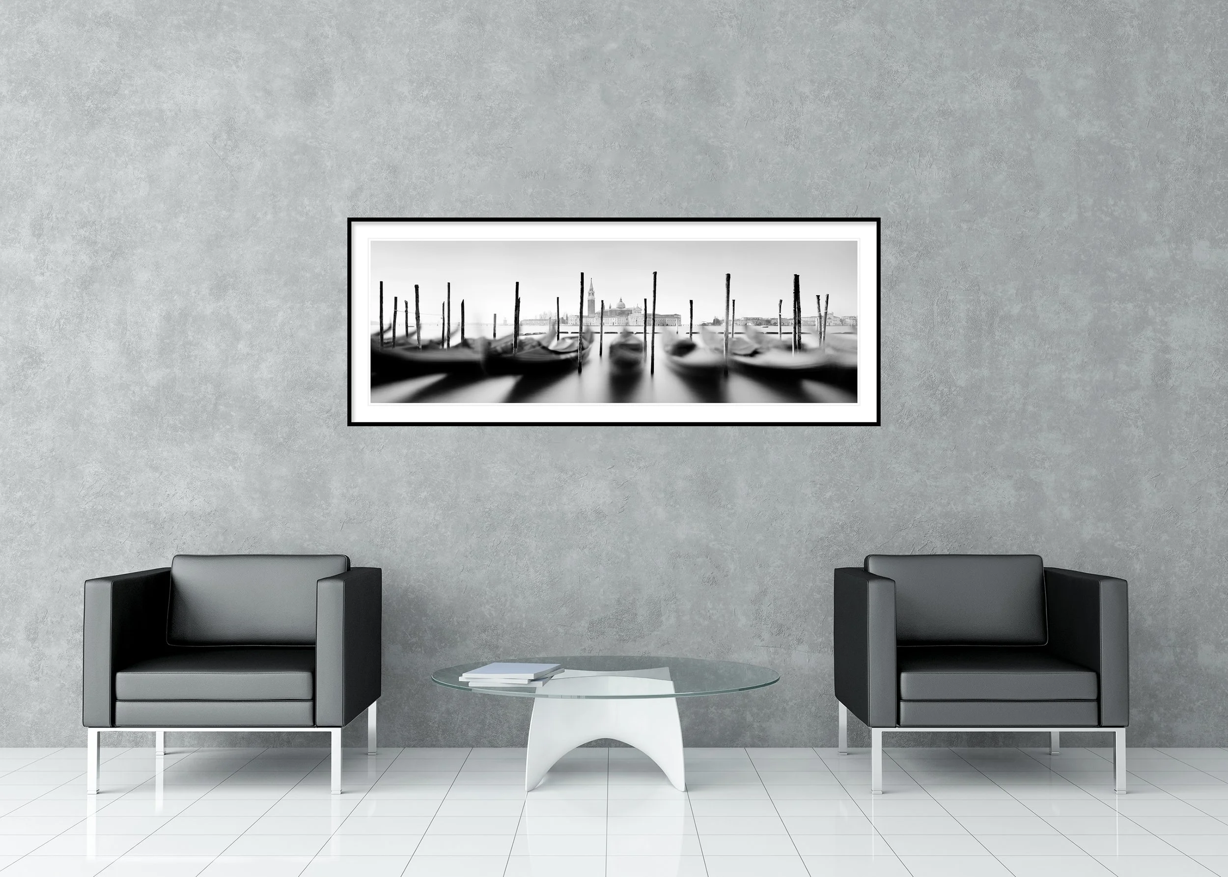 Basilica and Gondola Study 1 displayed in a modern interior as an archival pigment print with white mount by Gerald Berghammer.