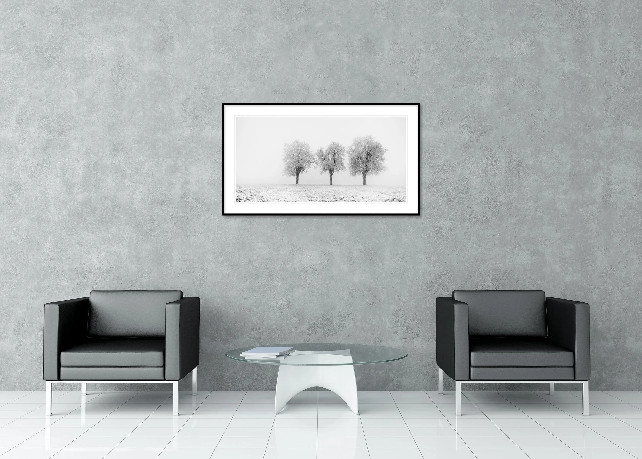 Frozen Apple Trees Panorama Study 2 displayed in a modern interior as an archival pigment print in a black aluminium frame with a white mount by Gerald Berghammer.