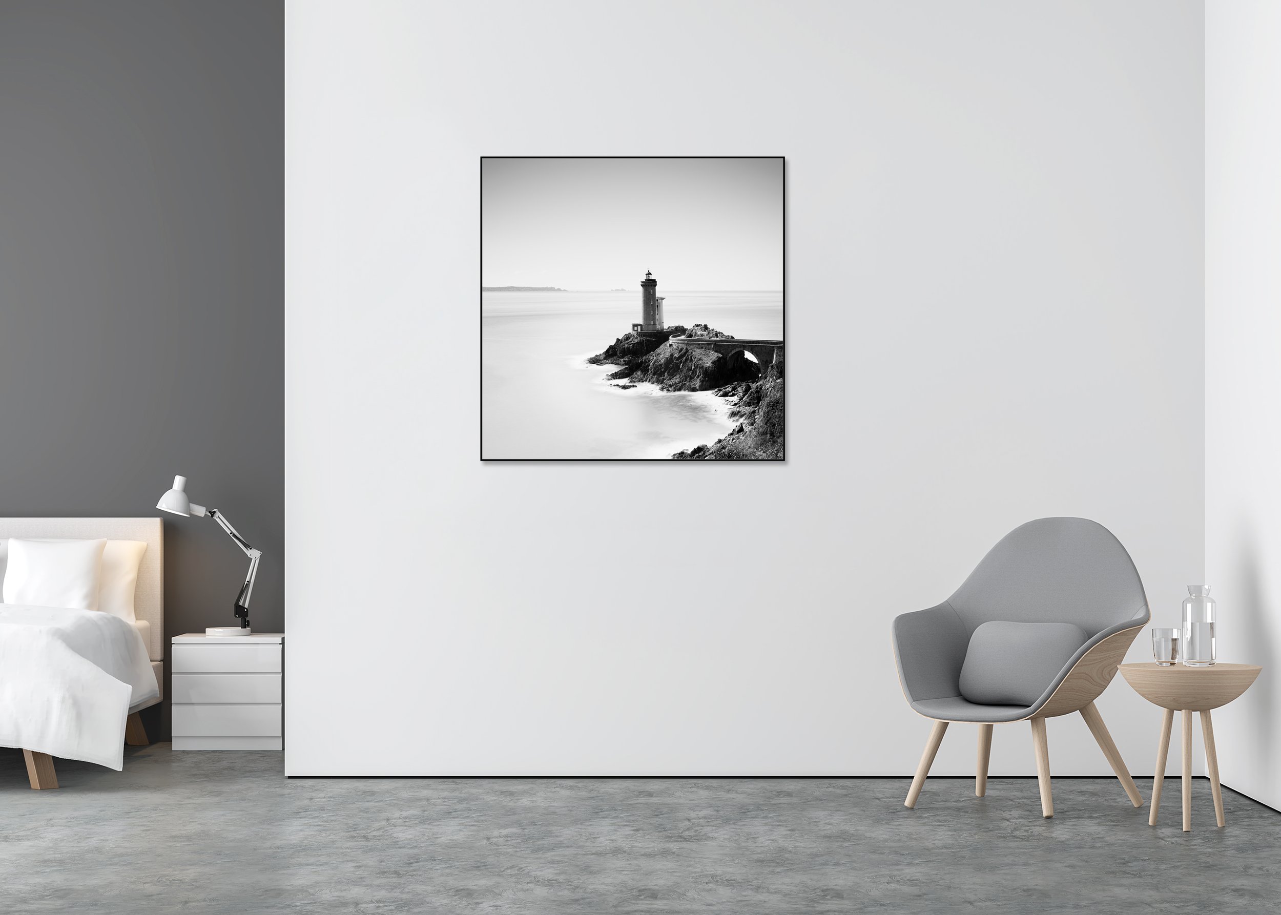 Phare du Petit Minou Study 1 displayed in a modern interior, mounted on aluminium Dibond in a black ArtBox frame by Gerald Berghammer.