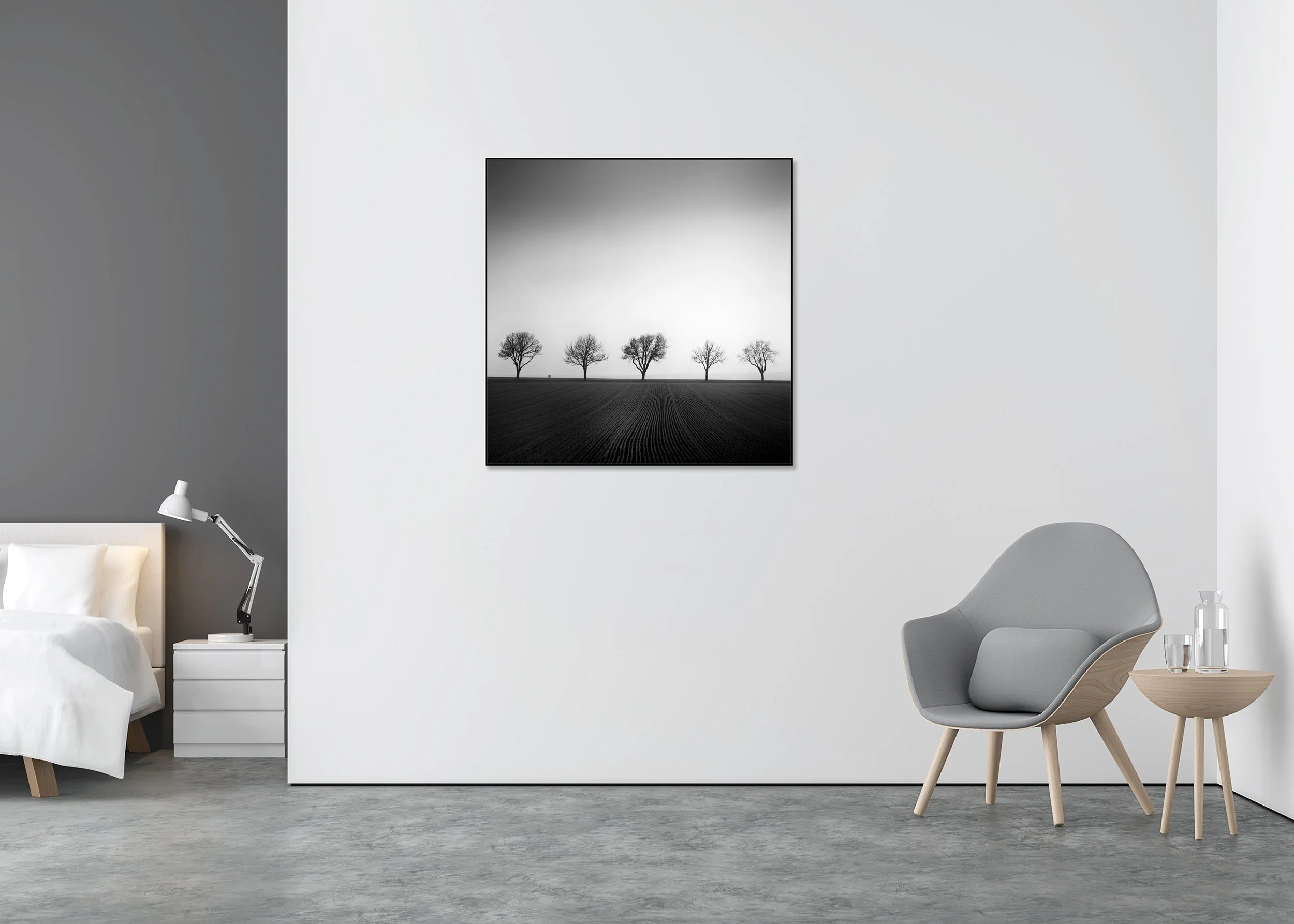 Cherry Tree Avenue, Study 1 – black-and-white photograph on Dibond in an aluminium ArtBox displayed in a minimalist interior. Photo by Gerald Berghammer.