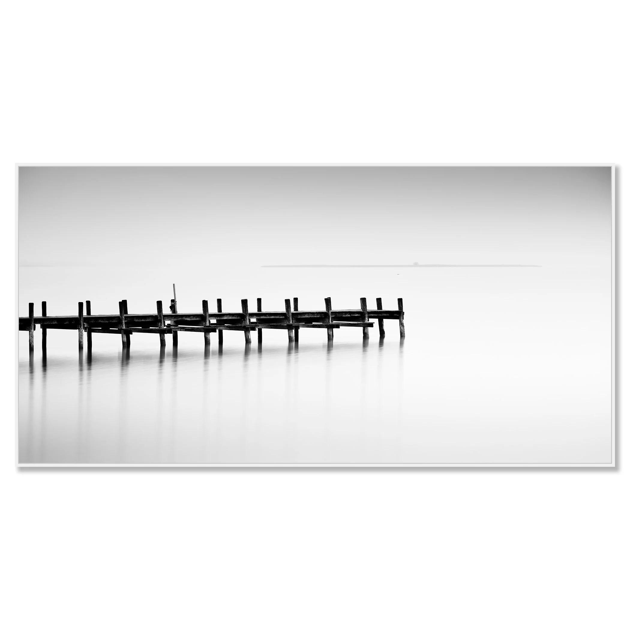 Black-and-white wooden dock panorama mounted on Dibond with a white aluminium ArtBox frame.