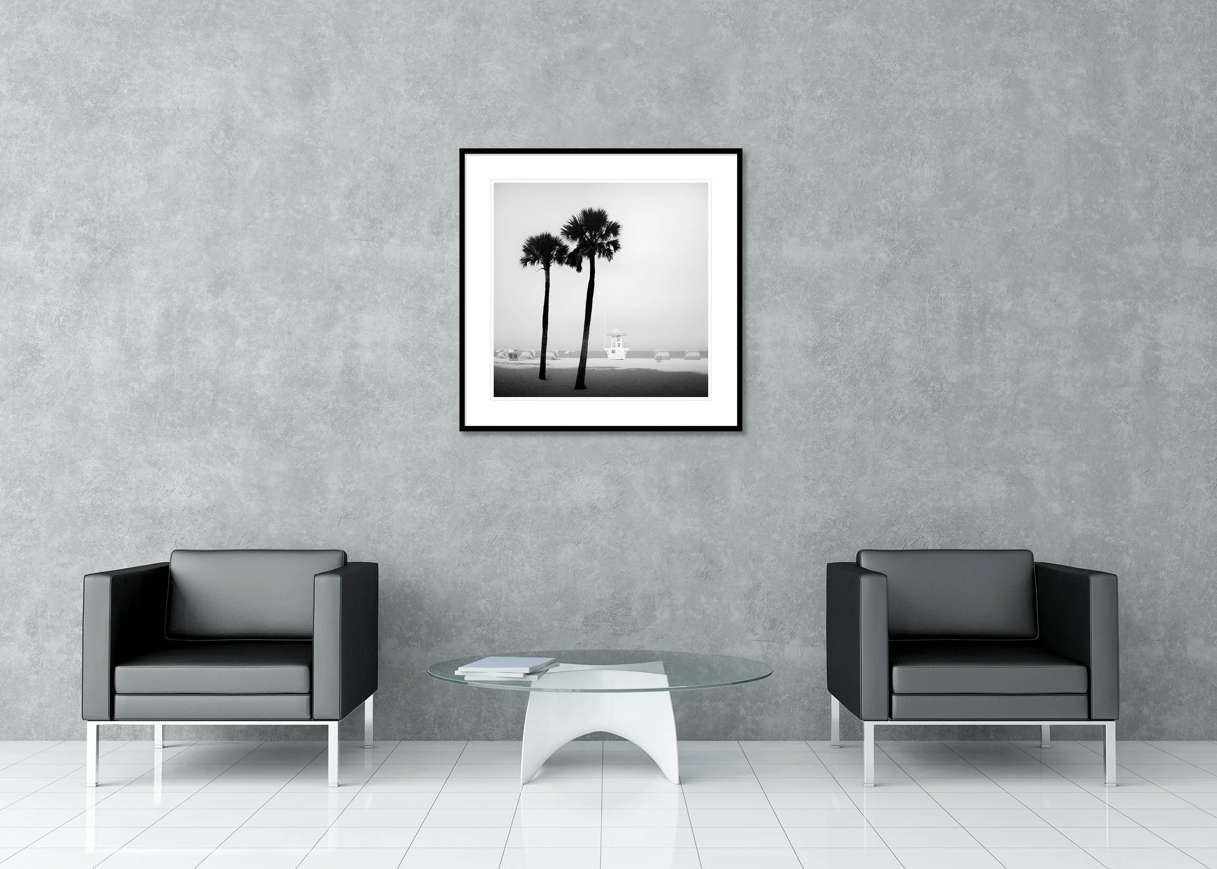Lifeguard Tower Study 2 displayed in a modern interior as an archival pigment print in a black aluminium frame with white mount by Gerald Berghammer.