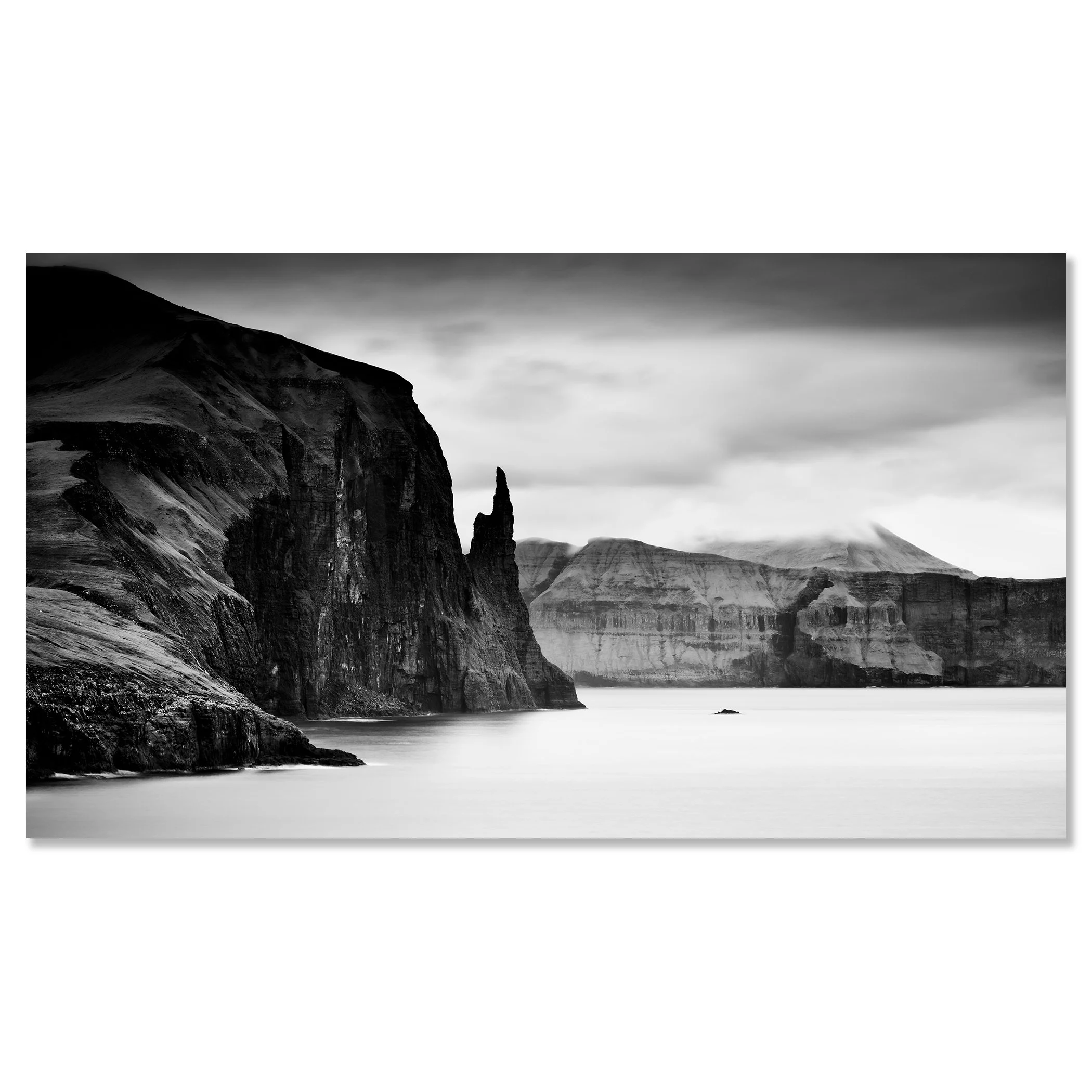 Trøllkonufingur Monolith Panorama black-and-white photograph mounted on frameless aluminium Dibond