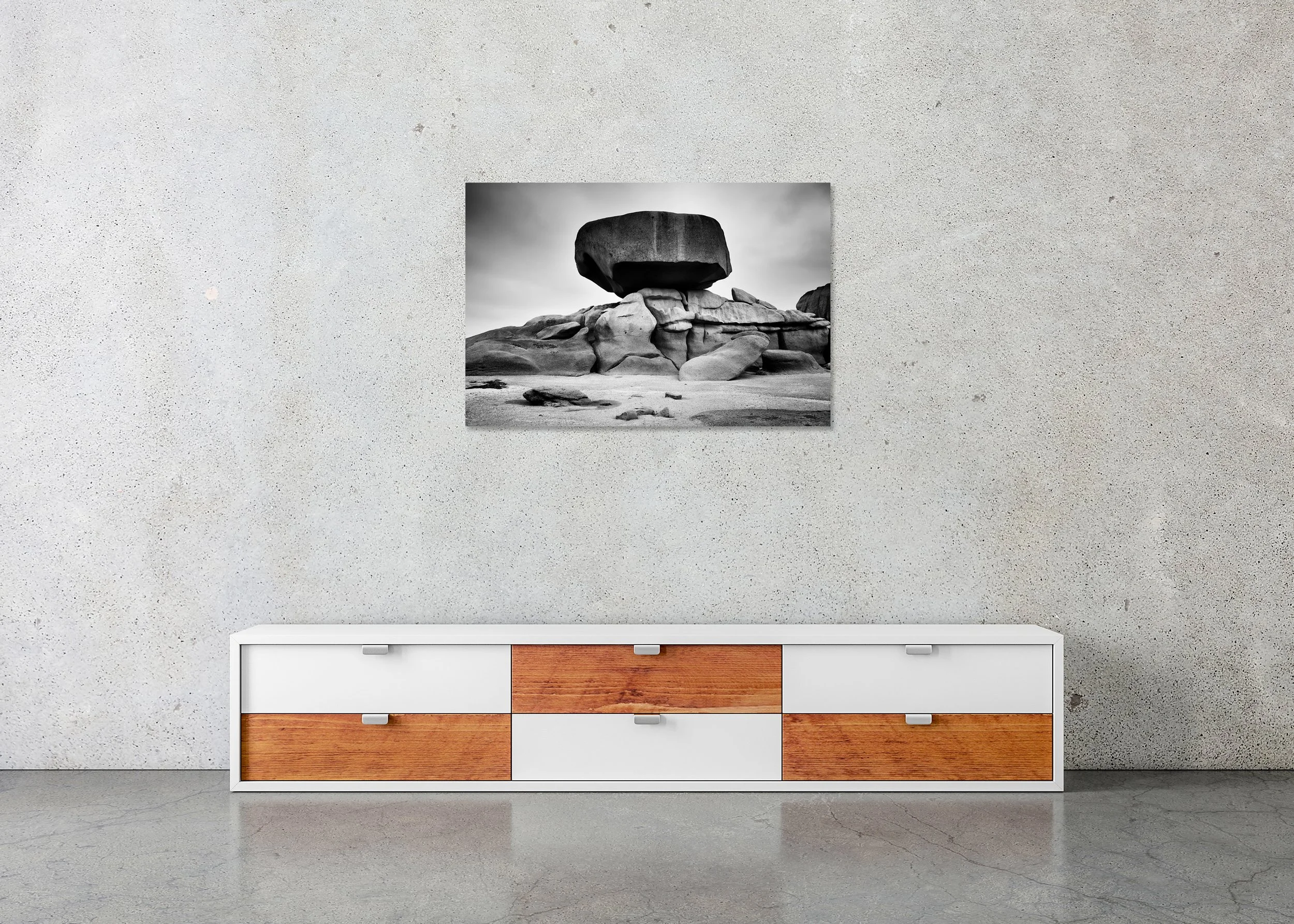 Pink granite coast rock formations in Brittany, France, abstract seascape ChromaLuxe metal print frameless wall art