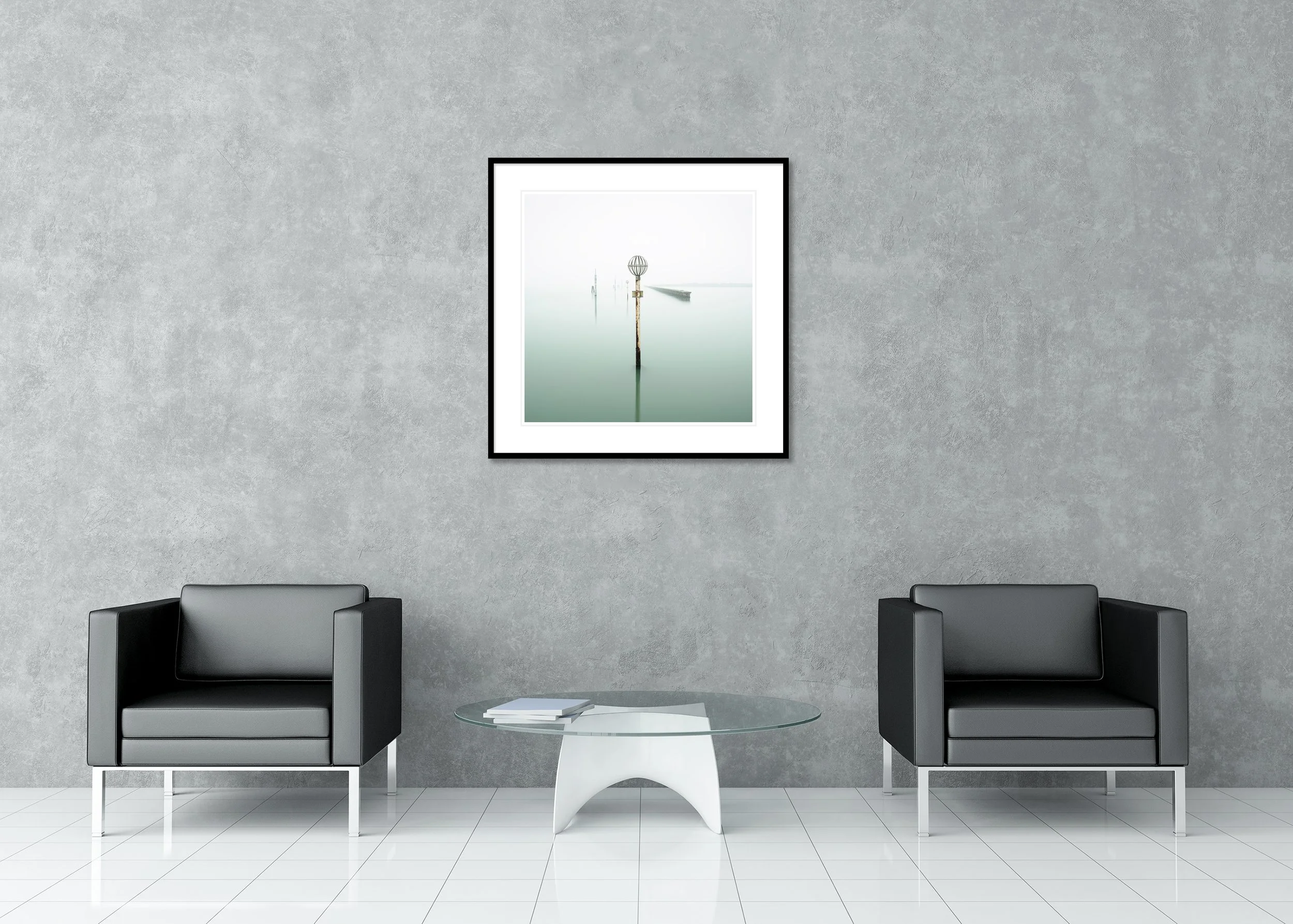 Briccole Study 1 displayed in a modern interior as an archival pigment print in an aluminium frame with a white mount. Photo by Gerald Berghammer.