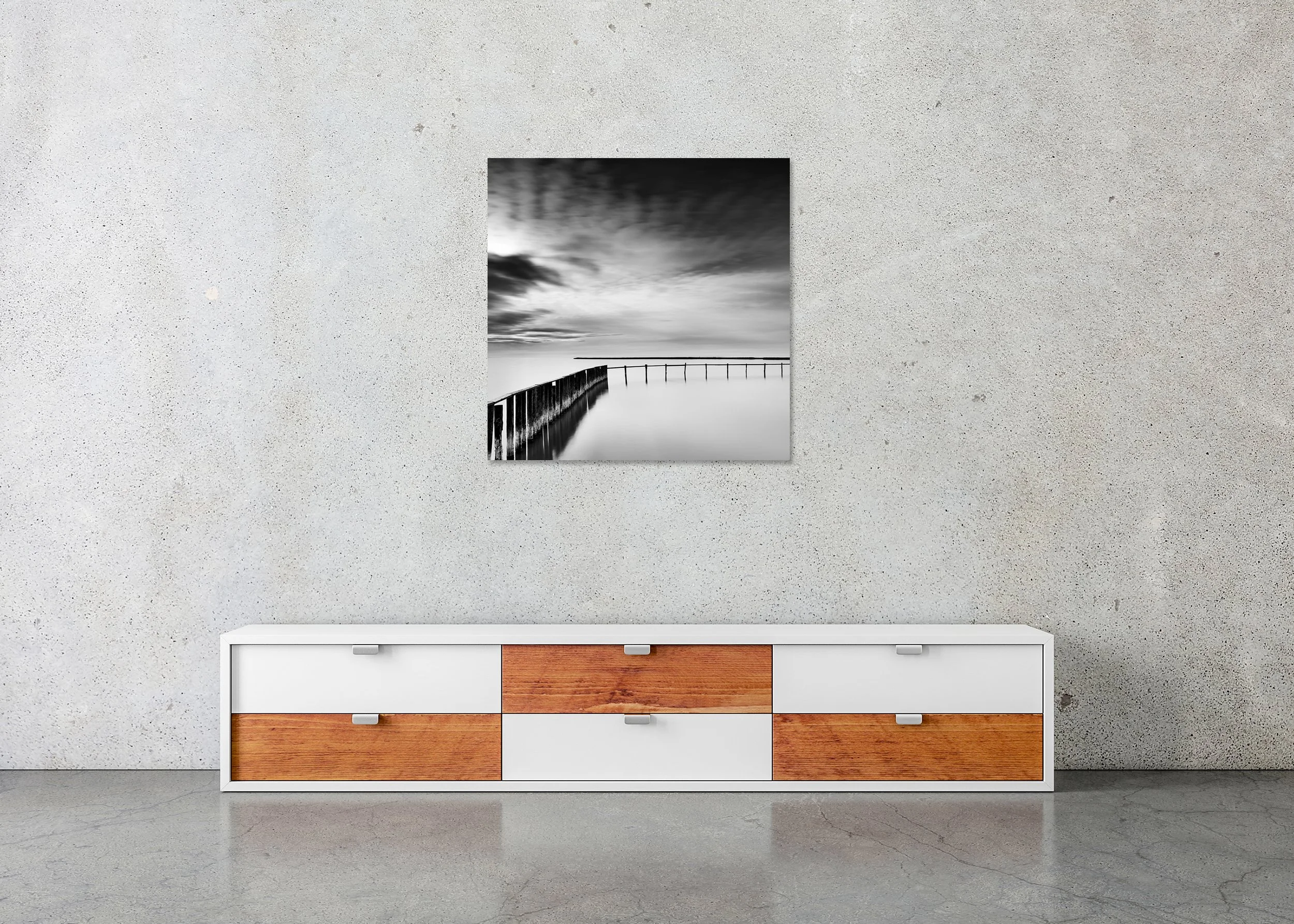 Long exposure black and white print of a lake, jetty and overcast sky, photo print mounted to Dibond, frameless