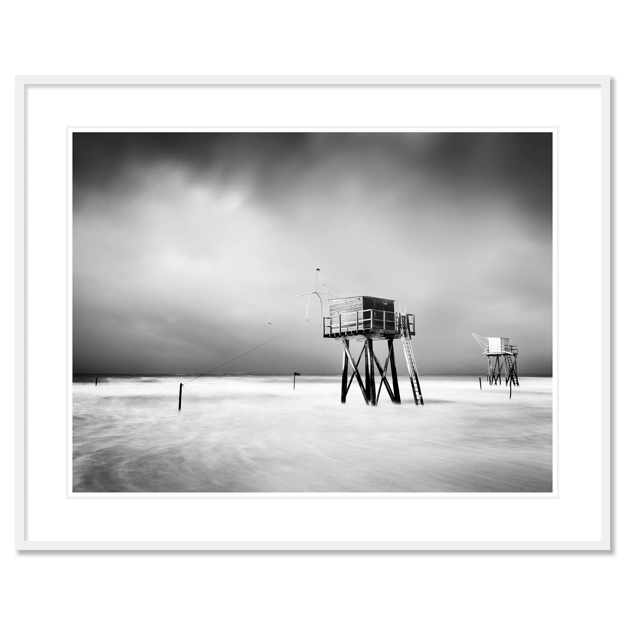 Fishing Hut on Stilts Study 4 shown as an archival pigment print in a white aluminium frame with a white mount by Gerald Berghammer.