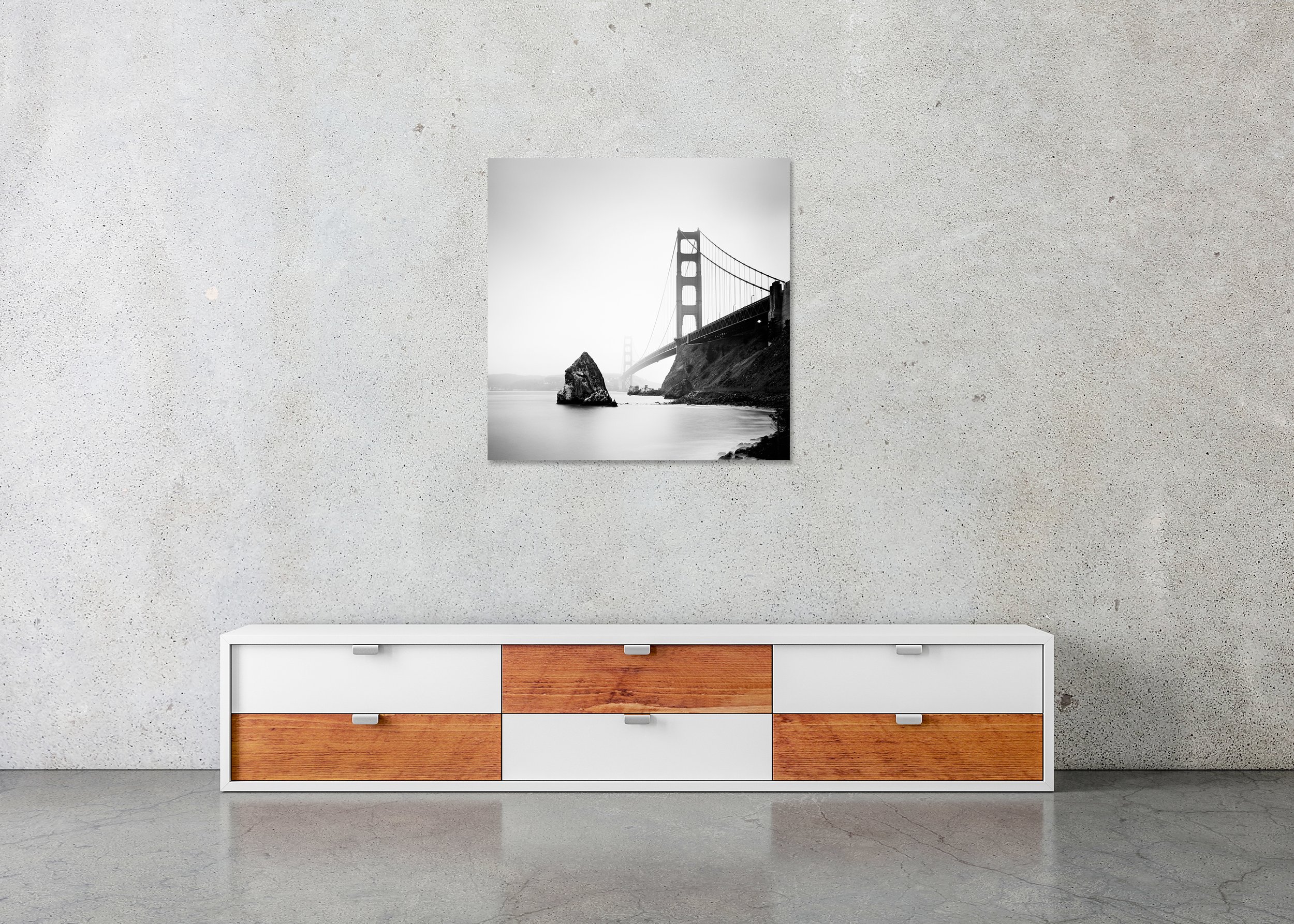 Golden Gate Bridge, Study 14 – San Francisco, frameless black-and-white photograph on aluminium Dibond displayed above a low cabinet.