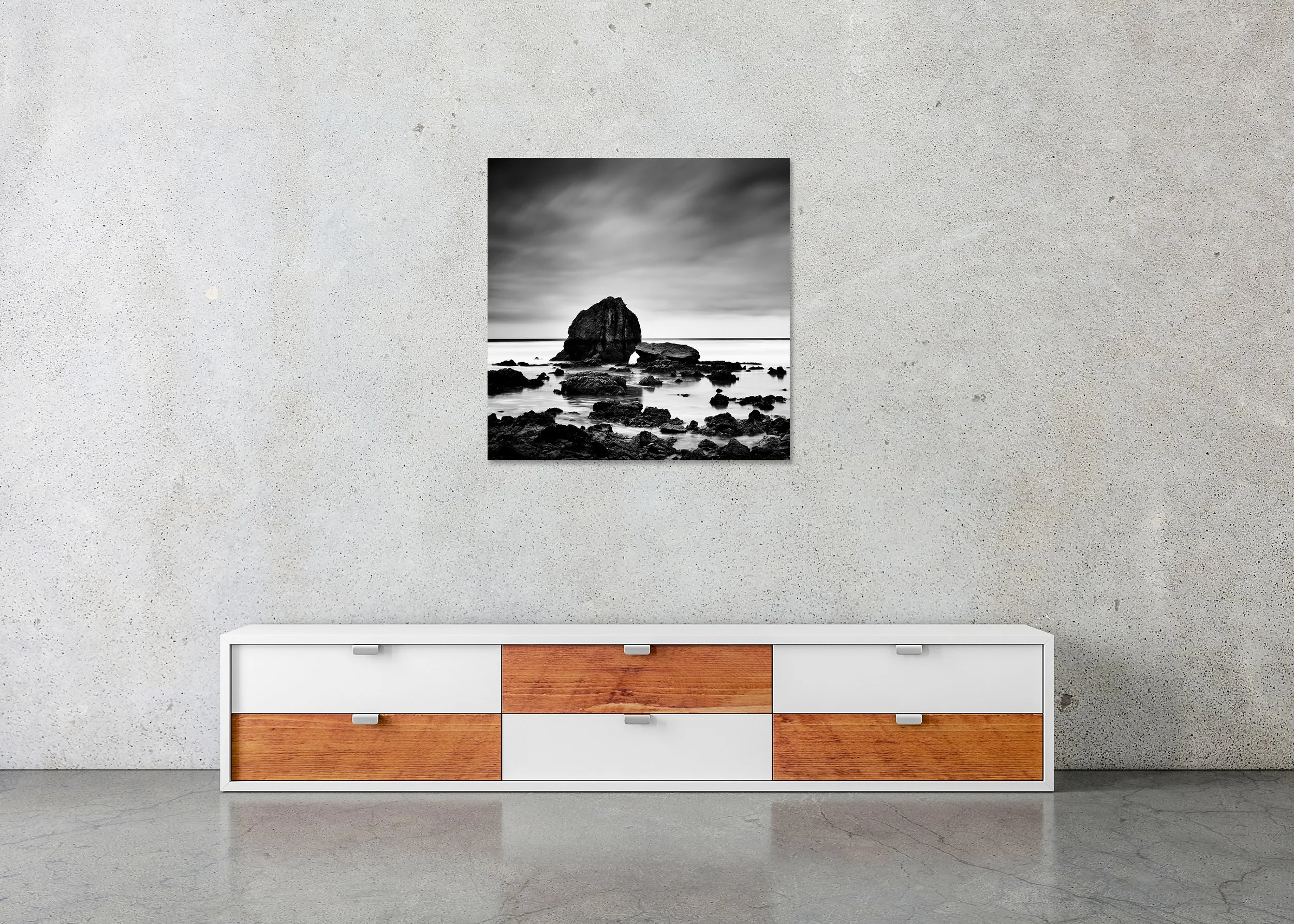 Beach Rock Study 1 – France, black-and-white photo print mounted to frameless aluminium Dibond