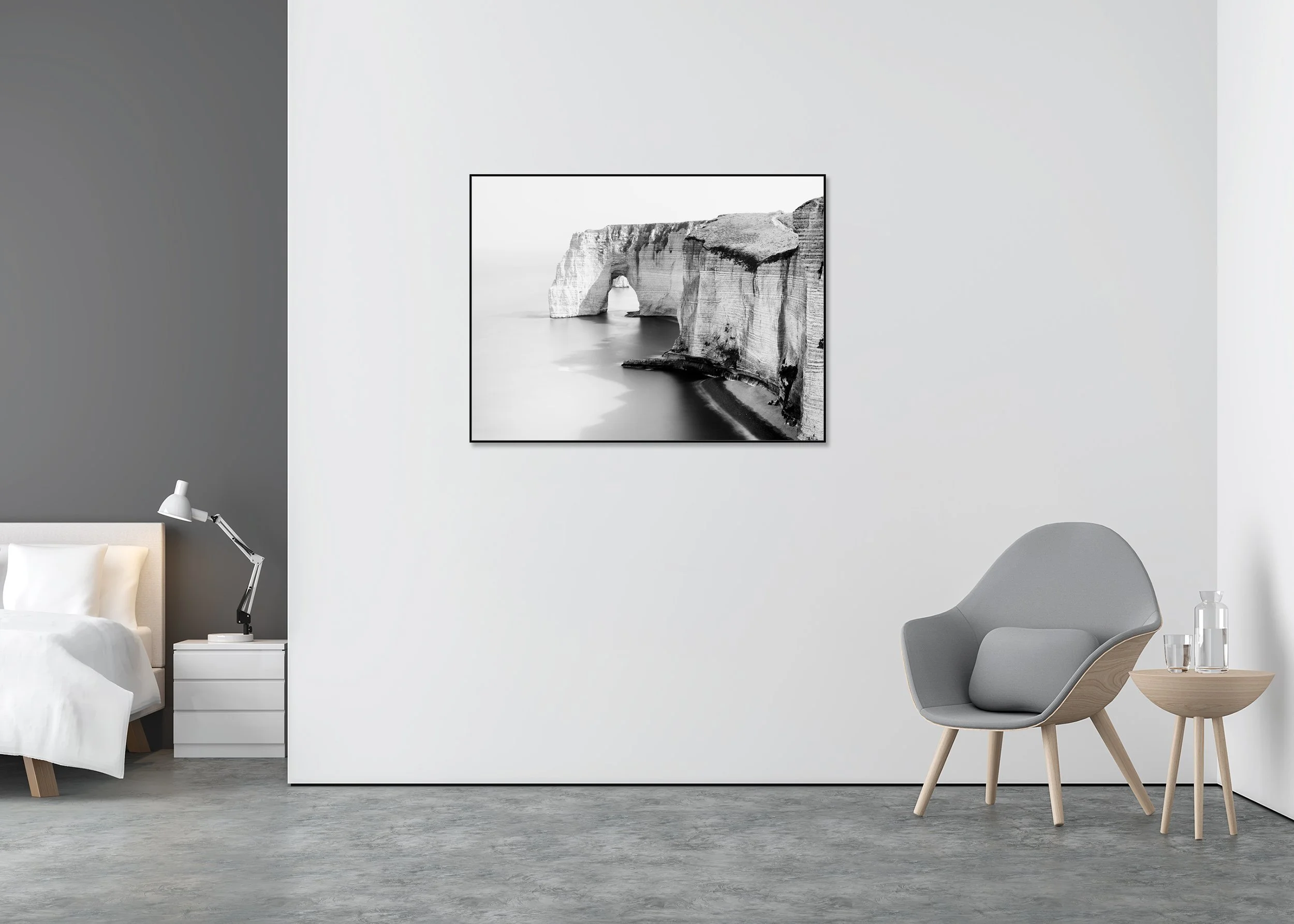 Alabaster Coast, Study 2 – black-and-white Dibond print in a black aluminium ArtBox displayed in a minimalist bedroom.