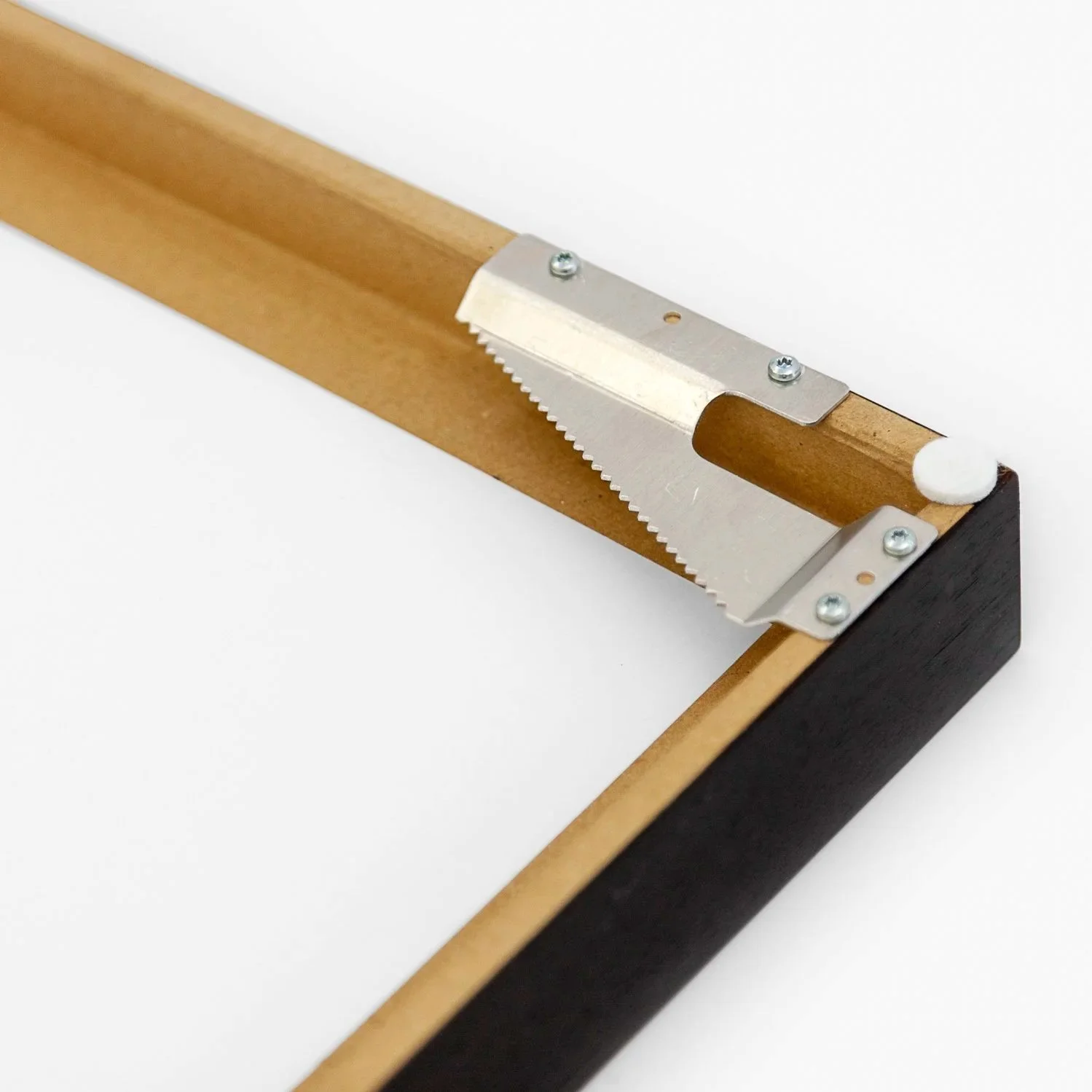 Rear frame detail of Gondoliere Study 1 by Gerald Berghammer, showing the wooden construction and metal hanging fitting.