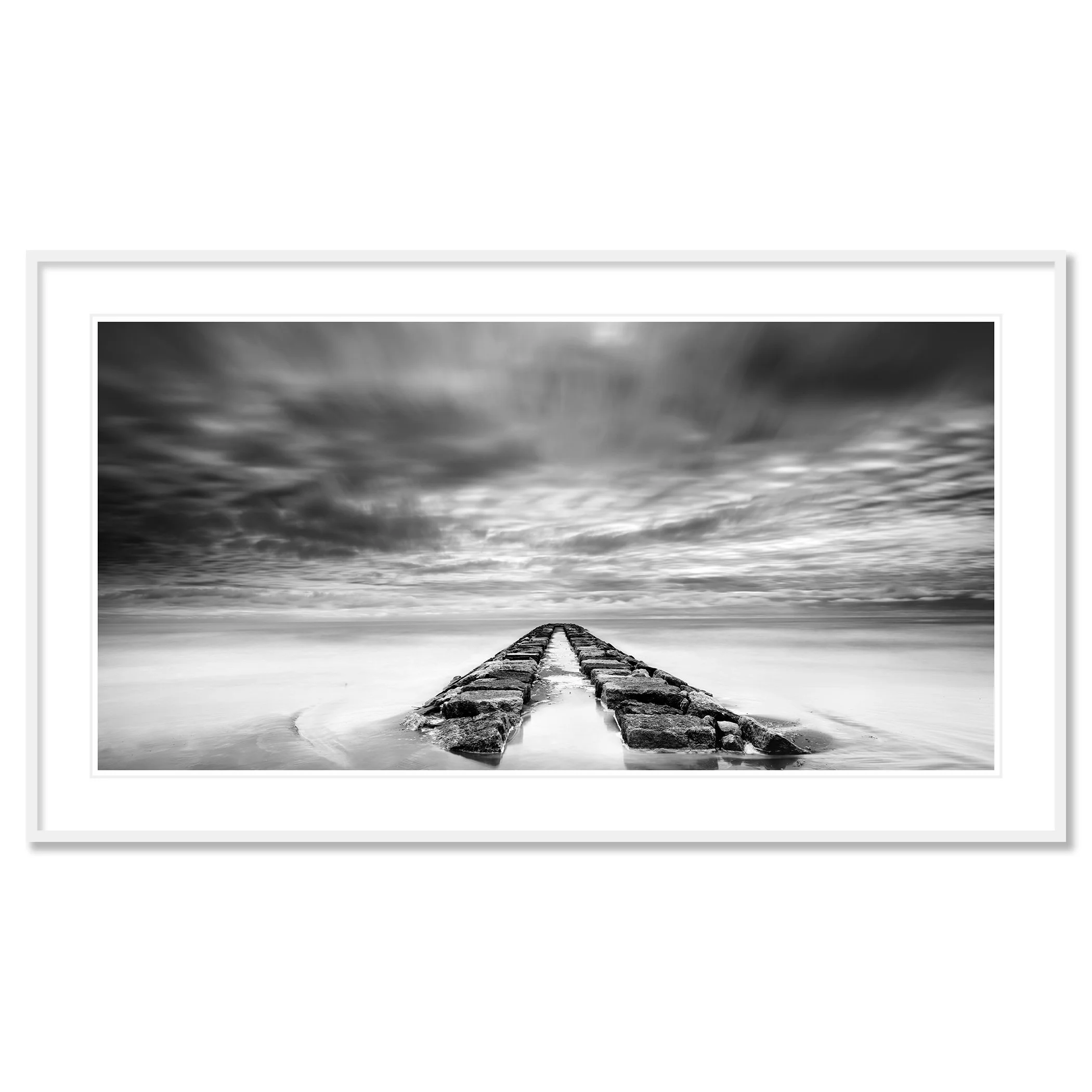 Rock Pier, Panorama Study 1 by Gerald Berghammer, black-and-white fine art print in a white aluminium frame with white mount.
