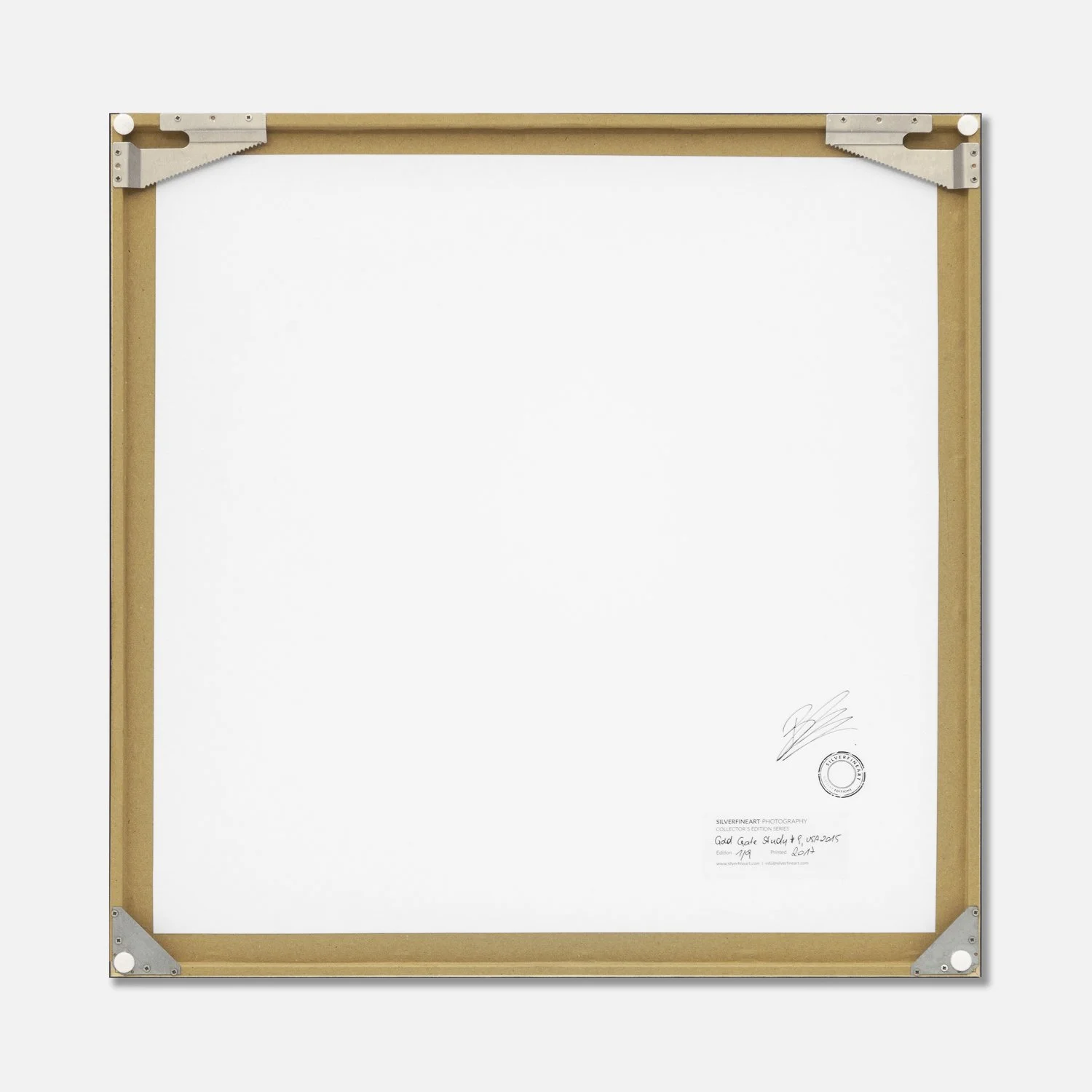 Reverse of Golden Gate Study 9 by Gerald Berghammer, showing the framed artwork, backing board, artist’s signature and gallery stamp.
