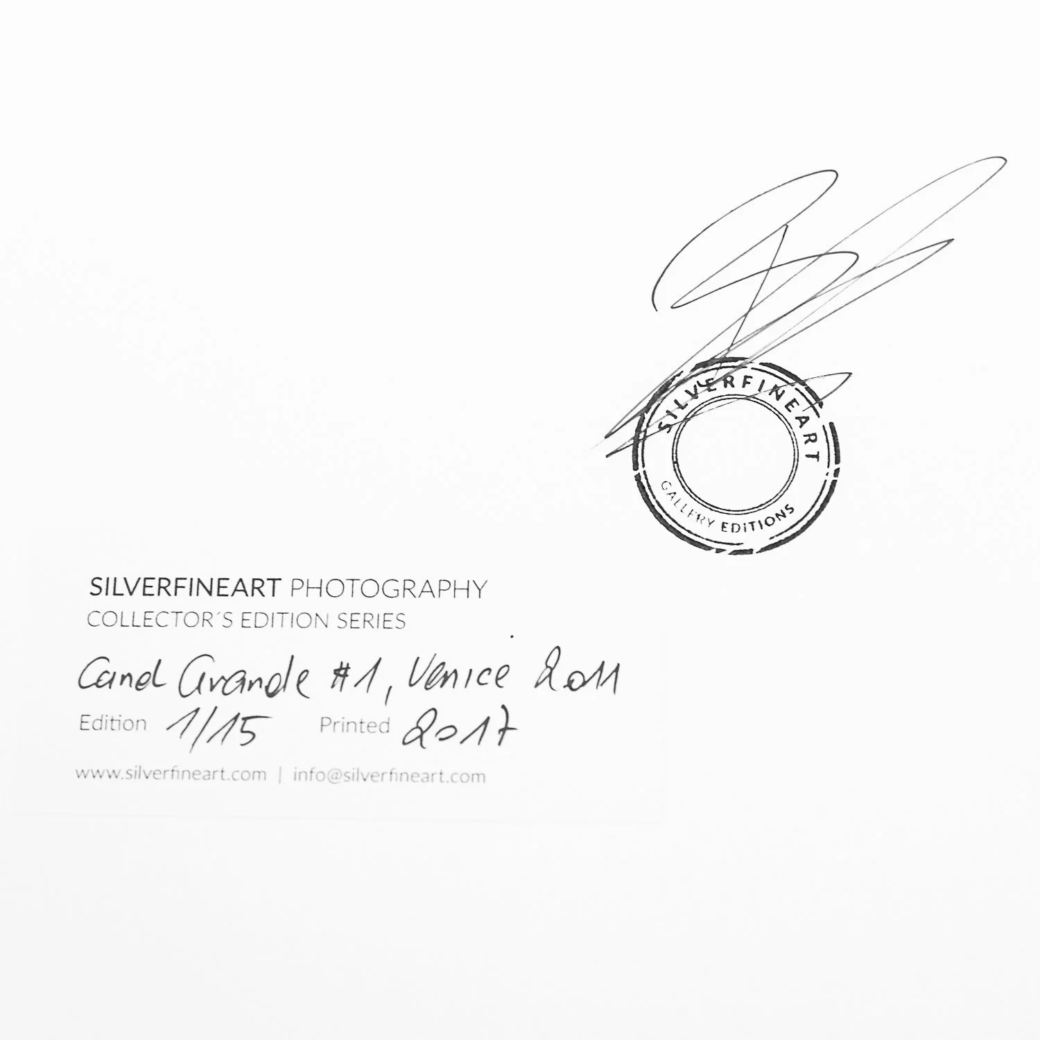 Backing label of Canal Grande Study 1 by Gerald Berghammer, showing the handwritten title, edition number 1/15, print date and gallery stamp.