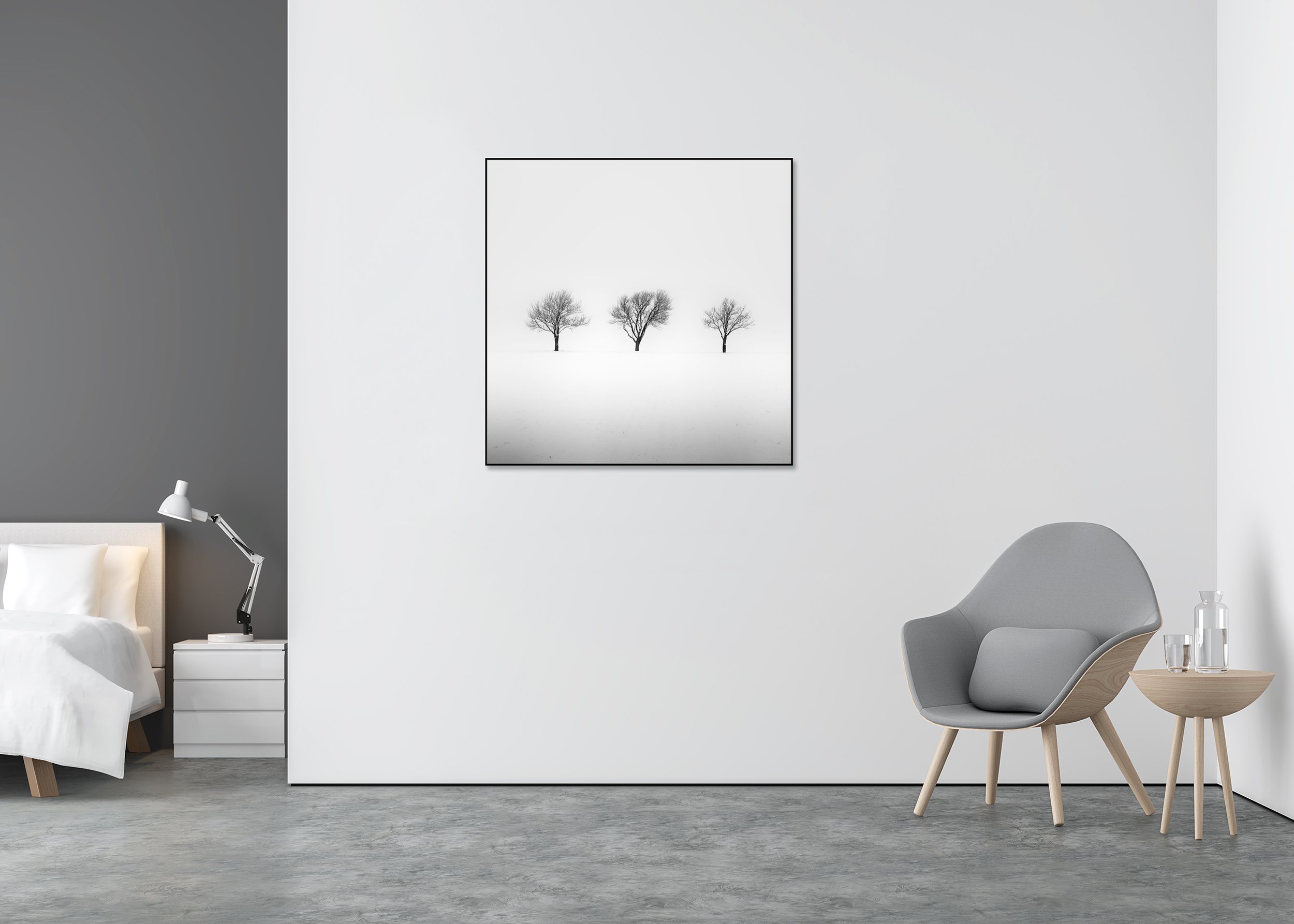 Three Trees in a Snowy Field, Study 2 displayed in a contemporary interior in a black aluminium ArtBox frame by Gerald Berghammer.