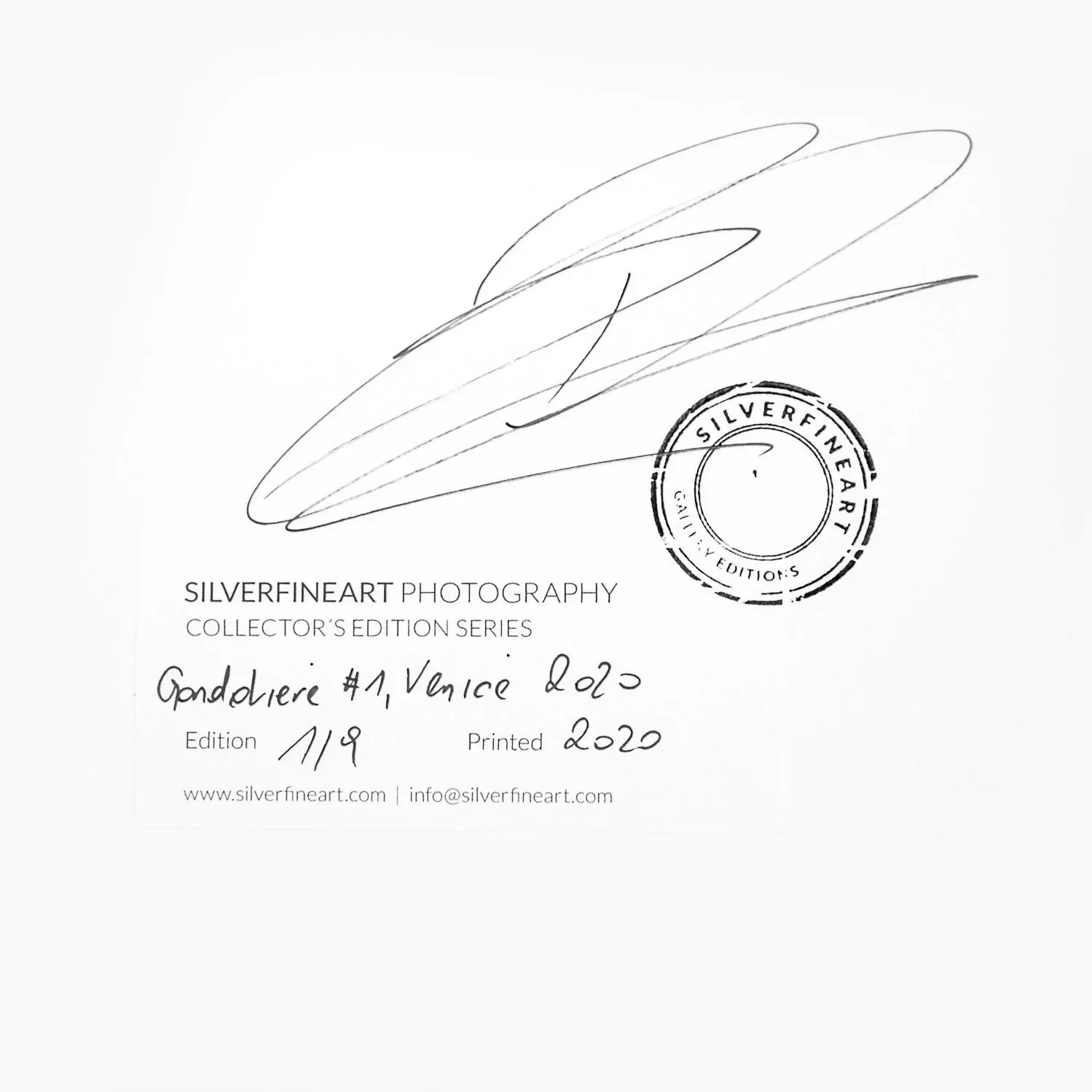 Artist’s signature, gallery stamp and handwritten edition number 1/9 on the reverse of Gondoliere Study 1 by Gerald Berghammer.