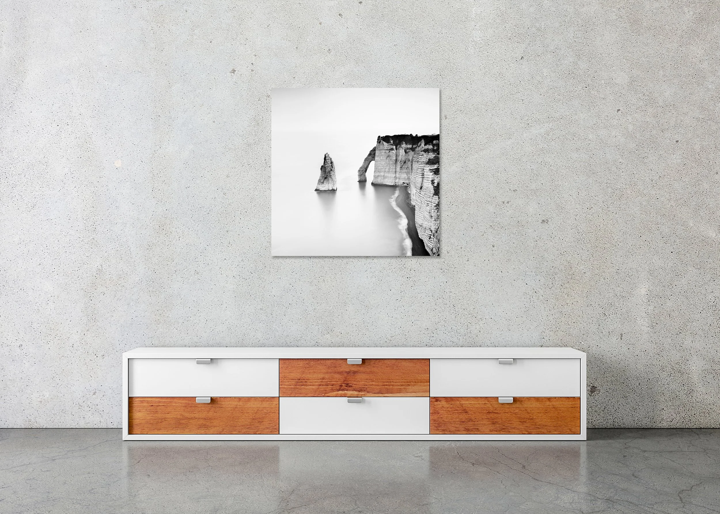 The Cliffs of Étretat, Study 1, displayed as a frameless black-and-white photo print mounted on Dibond