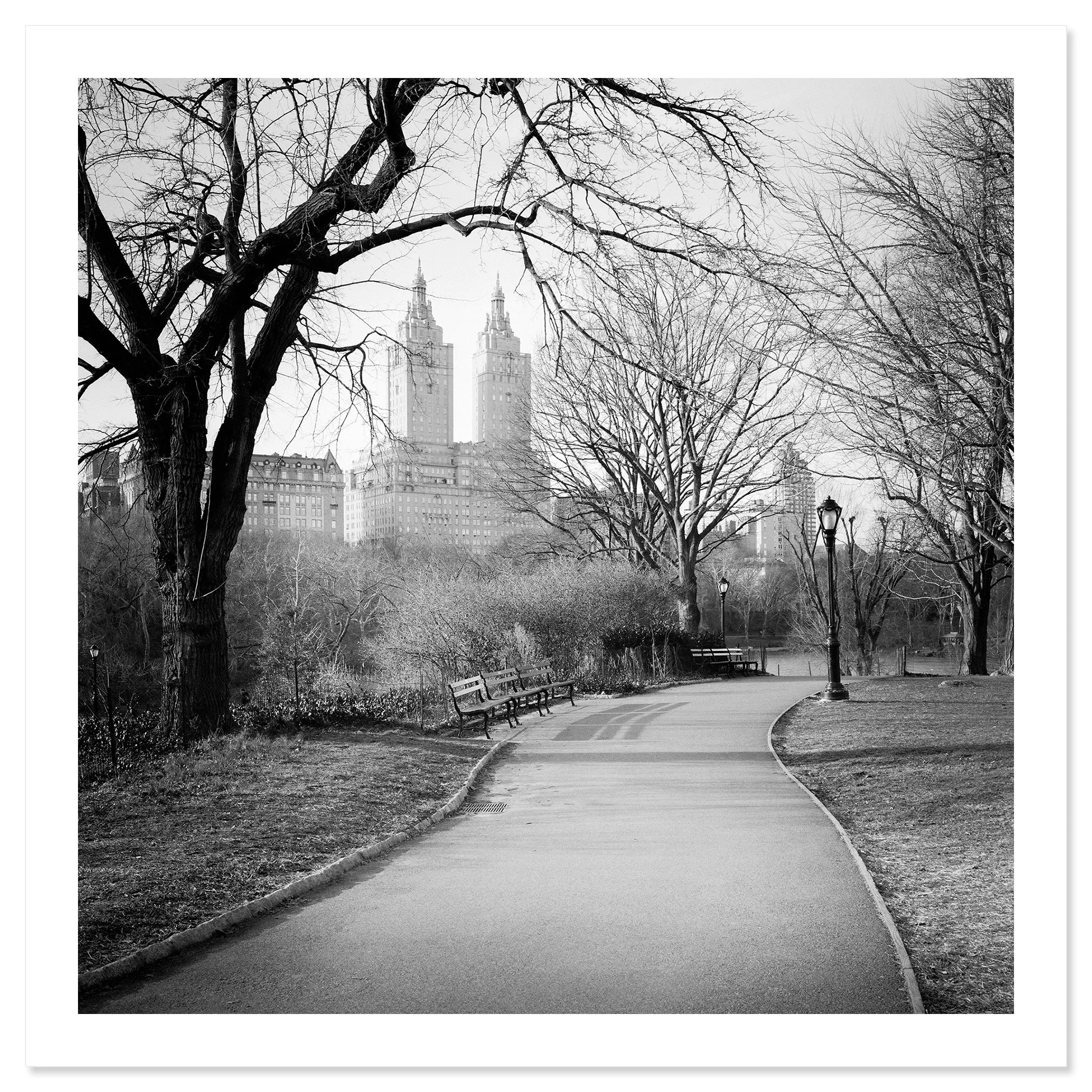 The San Remo Study 2 by Gerald Berghammer, black-and-white cityscape of Central Park and The San Remo in New York City.