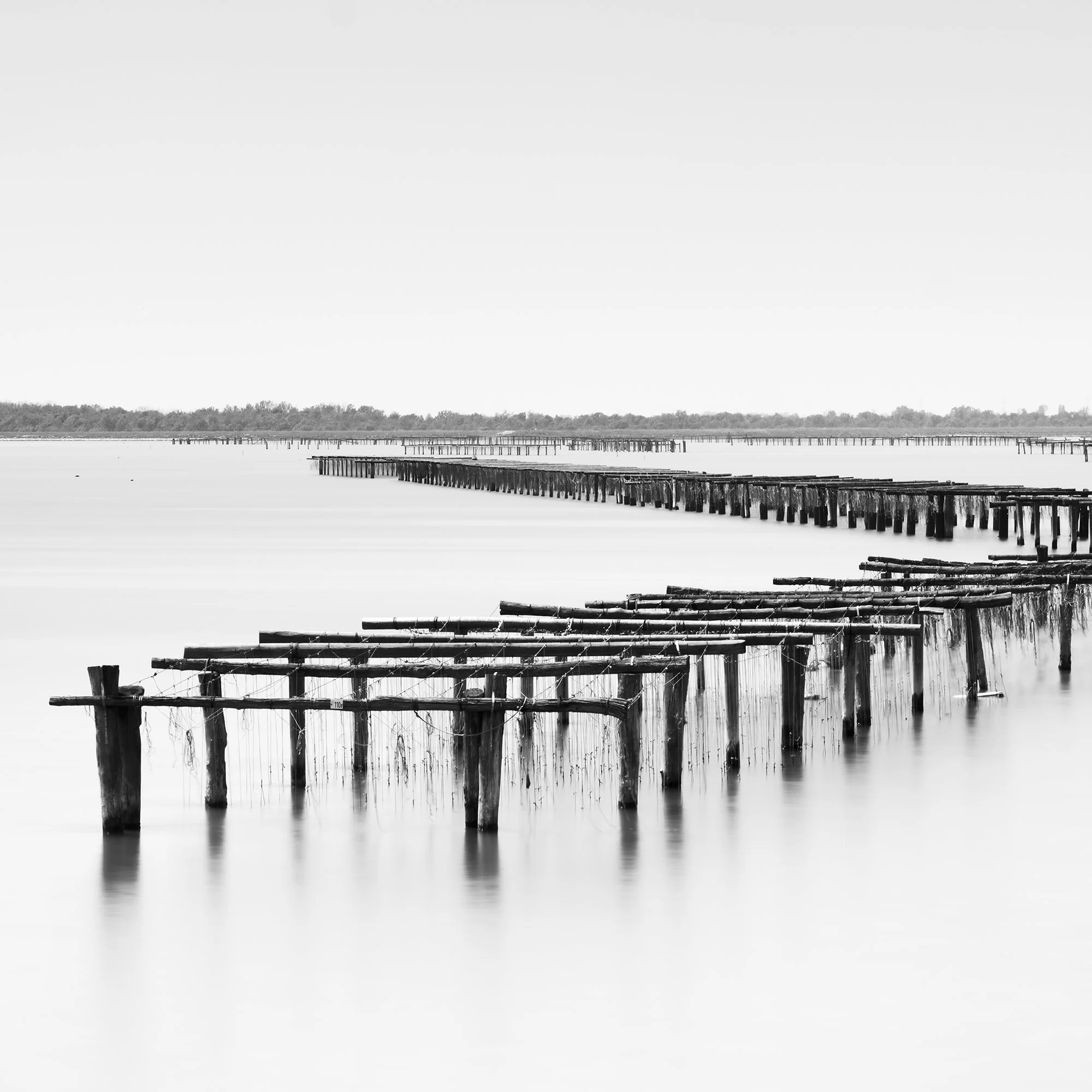 Detail of Aquaculture Structures Study 4 showing repeating wooden aquaculture structures and reflections in Italy by Gerald Berghammer.
