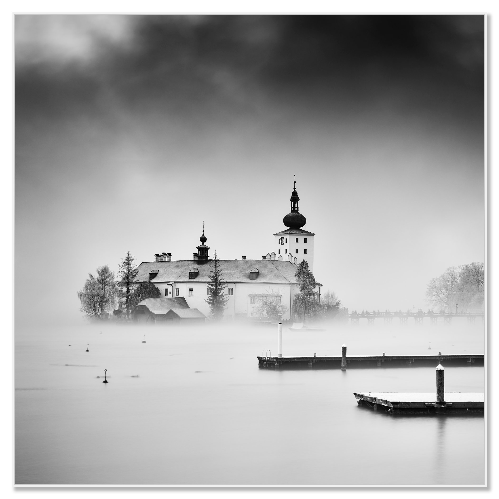 Foggy morning light at Seeschloss Ort, Traunsee Lake, Gmunden, Austria – framed ArtBox white